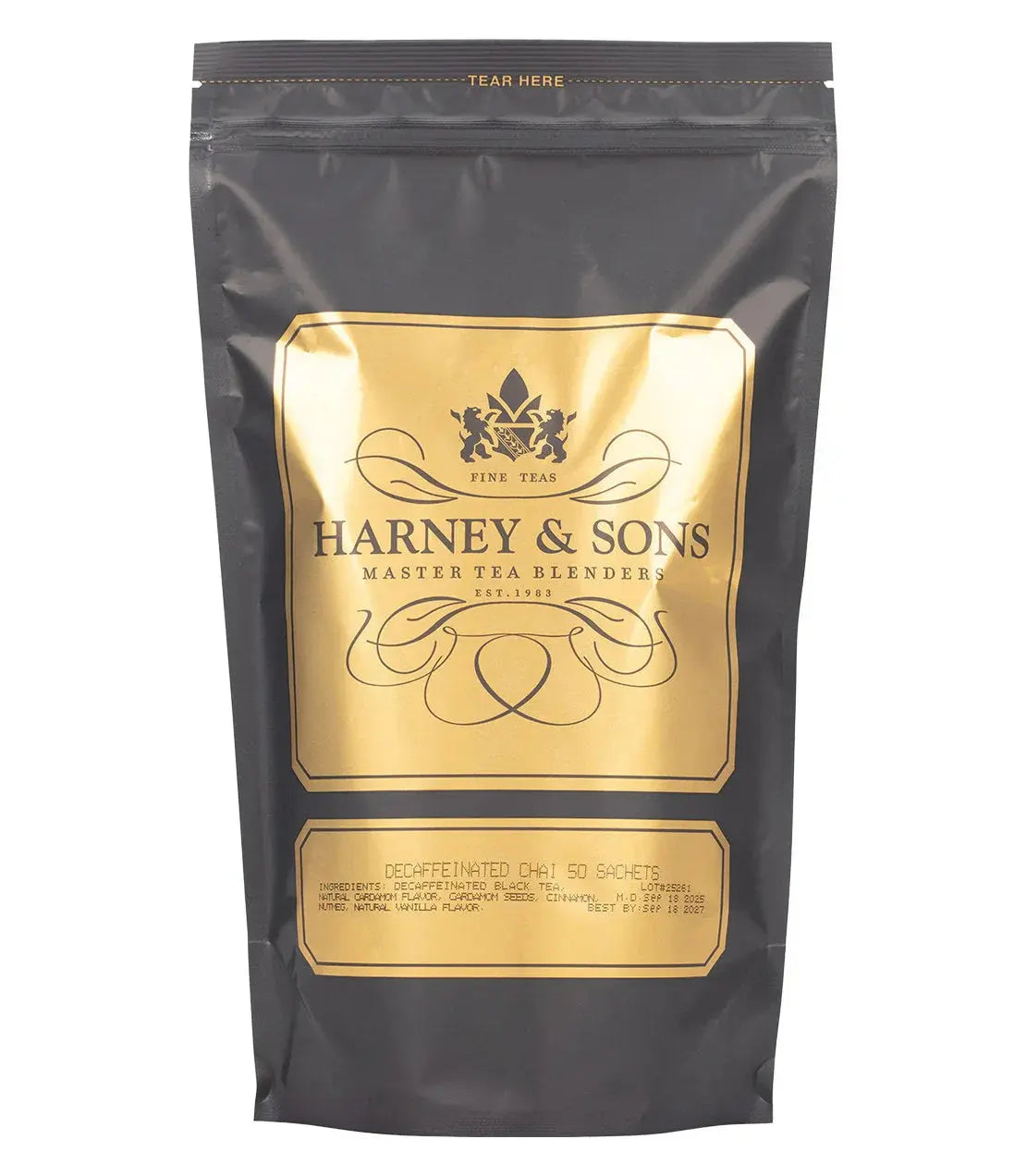 Harney & Sons Decaffeinated Chai Tea Sachets in elegant black and gold packaging