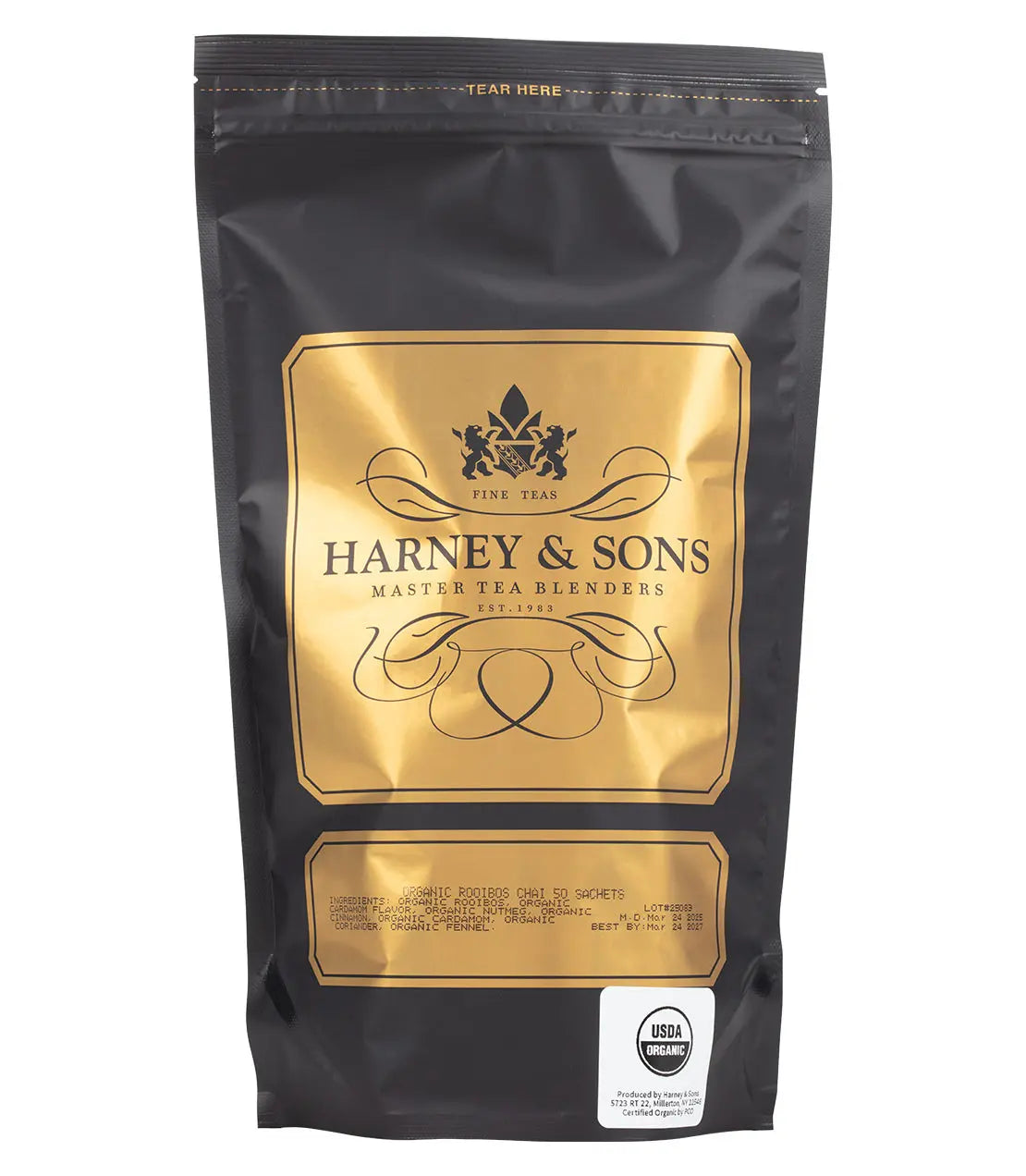 Harney & Sons tea package with gold label on a white background