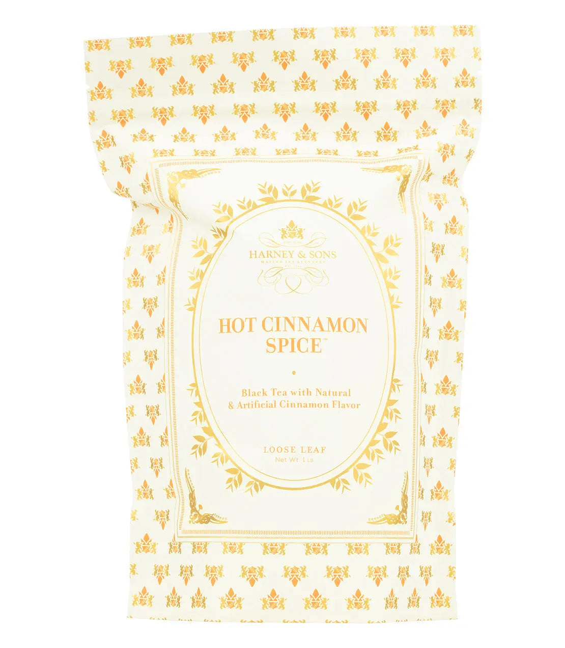Harney & Sons Hot Cinnamon Spice loose leaf black tea in elegant gold-patterned packaging