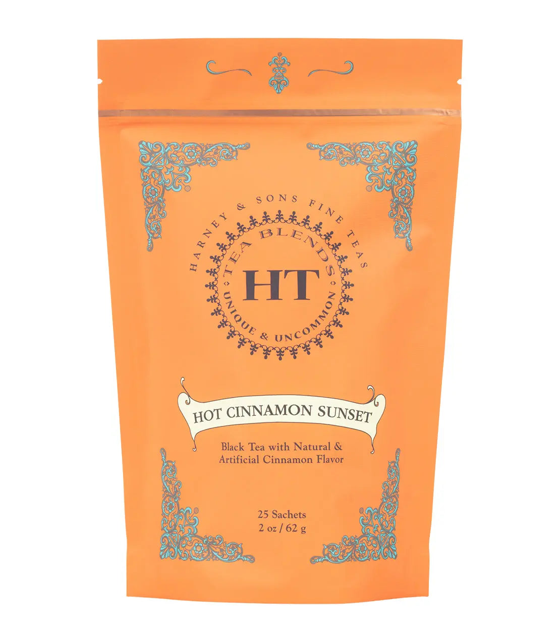 Hot Cinnamon Sunset black tea blend in orange pouch with ornate blue designs, cozy home decor gift