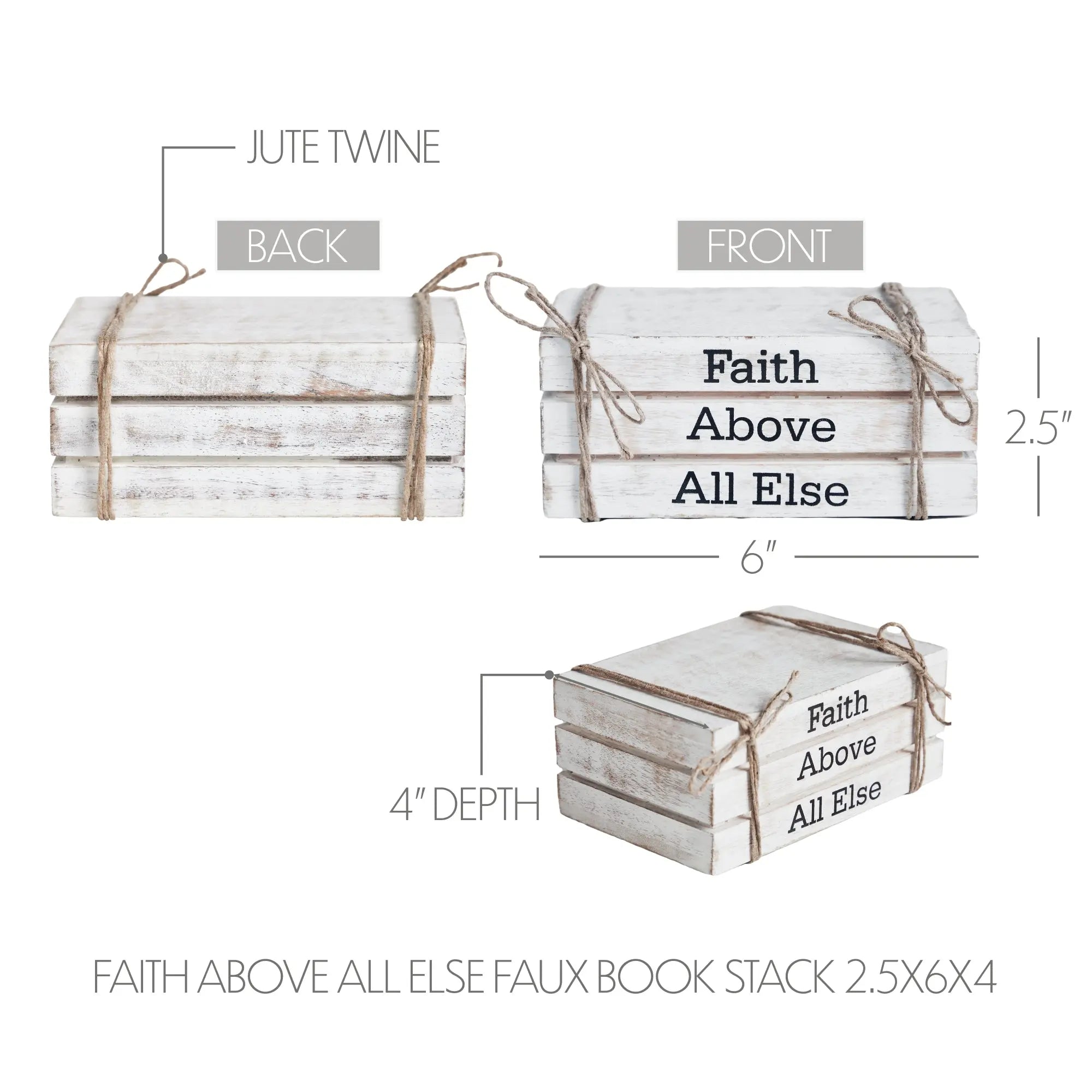 Wooden book stack with jute twine and 'Faith Above All Else' text, showing dimensions and assembly instructions.