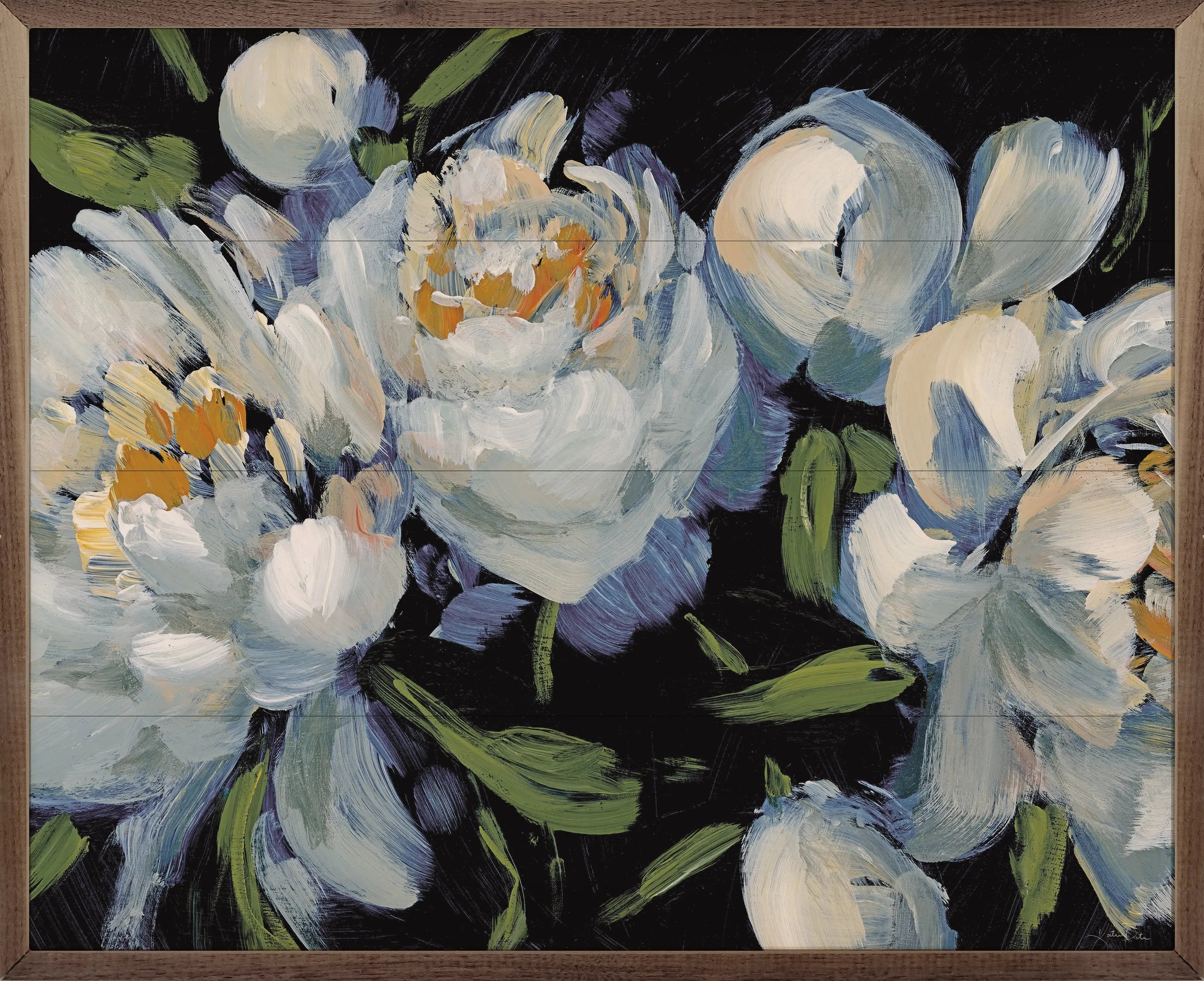 Floral painting with white and blue flowers on a dark background