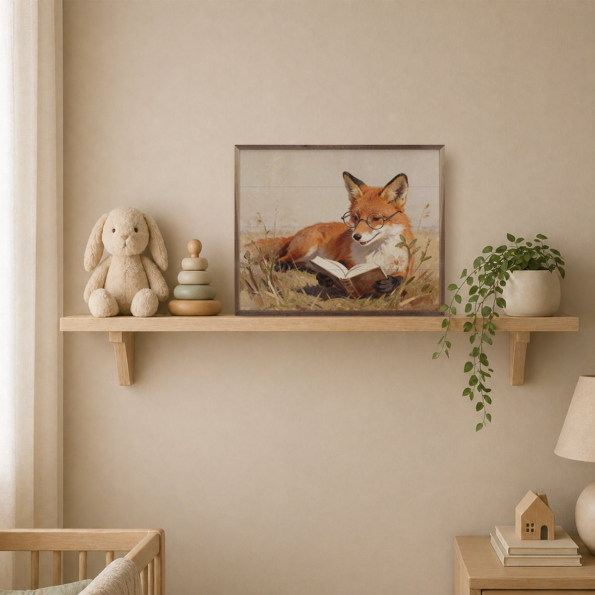 Nursery room with a shelf featuring a framed picture of a fox, a stuffed bunny, and a stack of books.