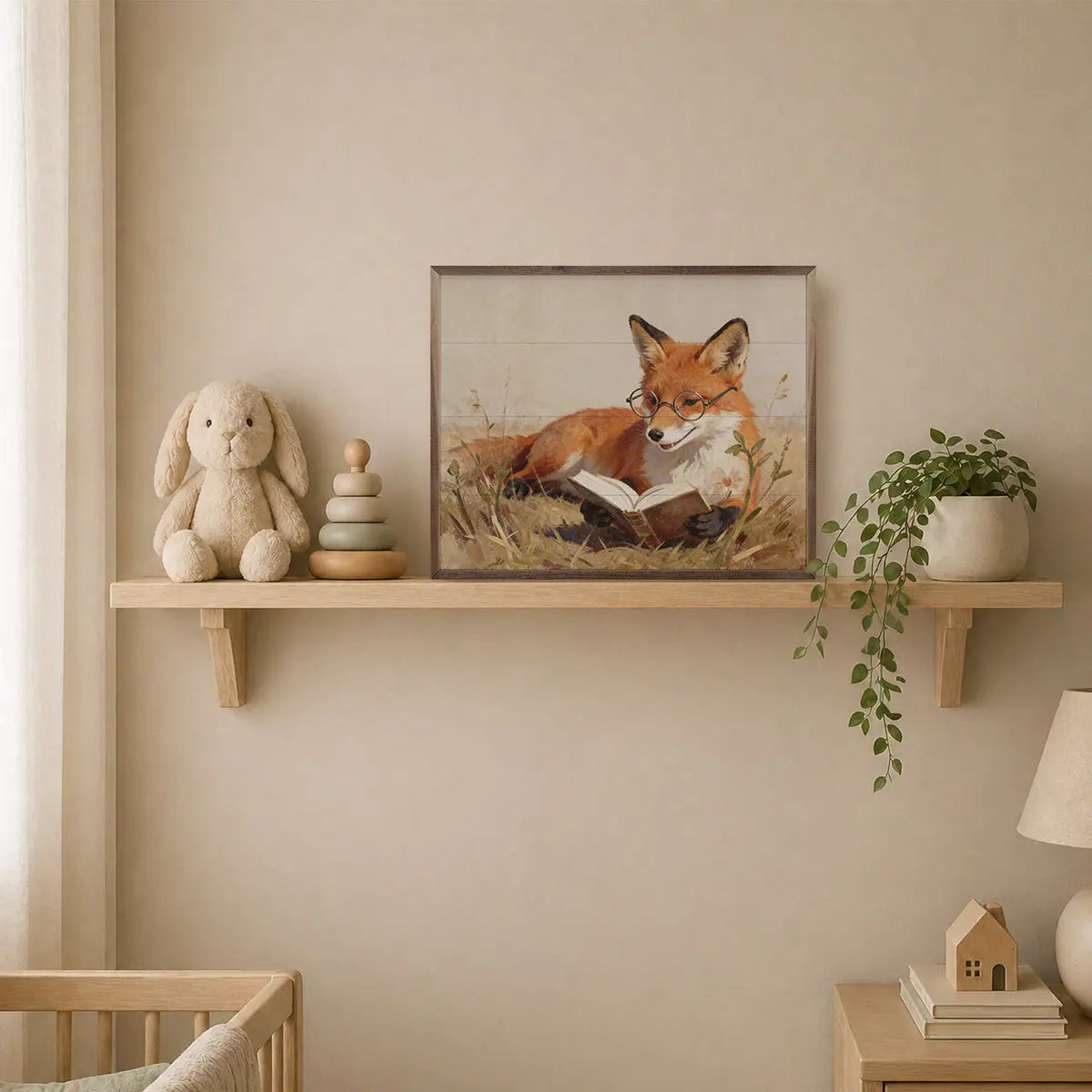 Nursery room with a shelf featuring a framed picture of a fox, a stuffed bunny, and a stack of books.