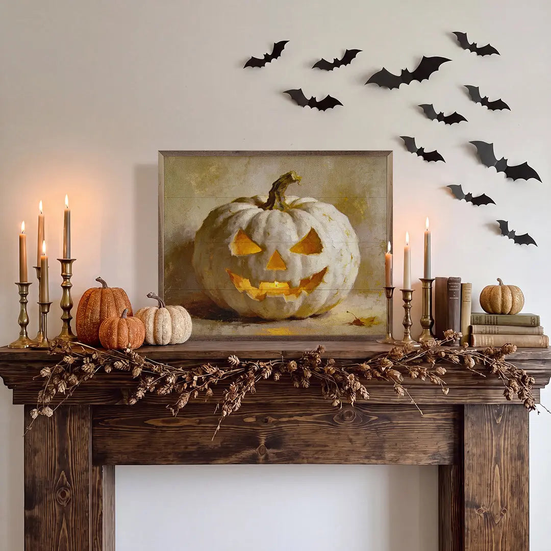 Halloween-themed fireplace mantel with pumpkins, candles, and a framed picture of a pumpkin.