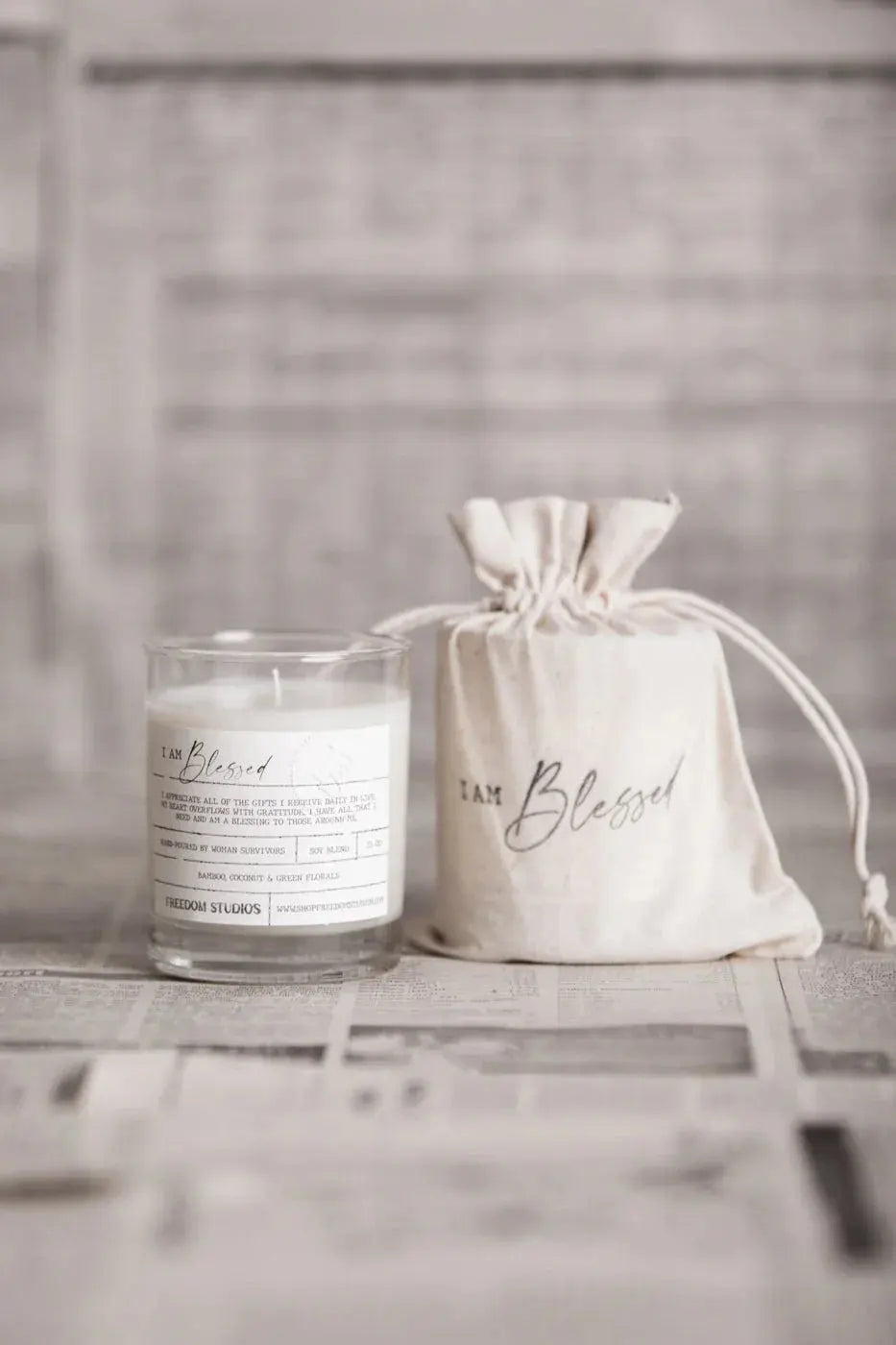 I Am Blessed soy candle in glass jar with matching drawstring bag, farmhouse home decor gift set