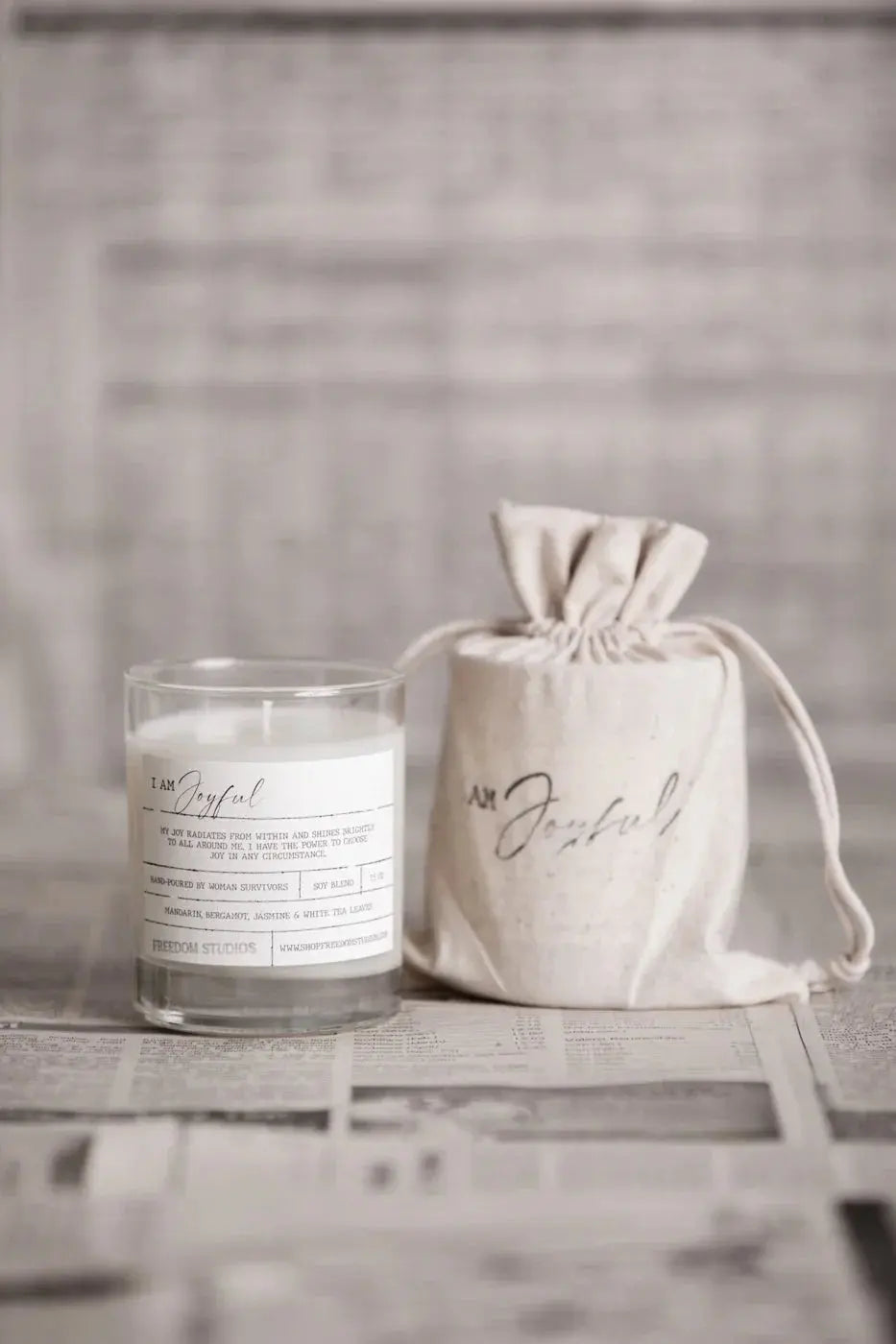 I Am Joyful soy candle with matching drawstring bag, cozy farmhouse home decor