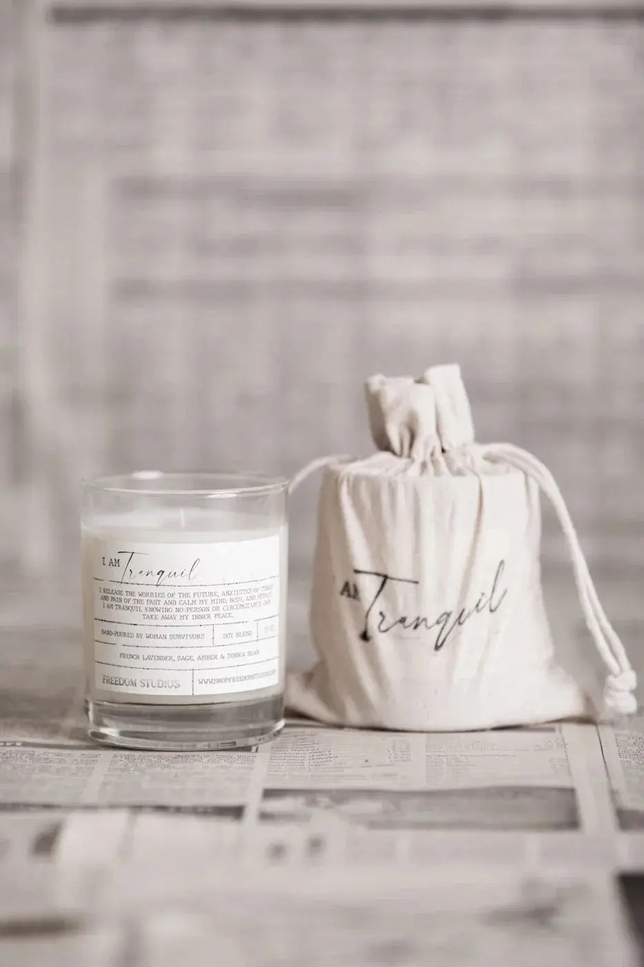 I Am Tranquil soy candle with matching drawstring bag, farmhouse-style home decor for cozy, peaceful spaces