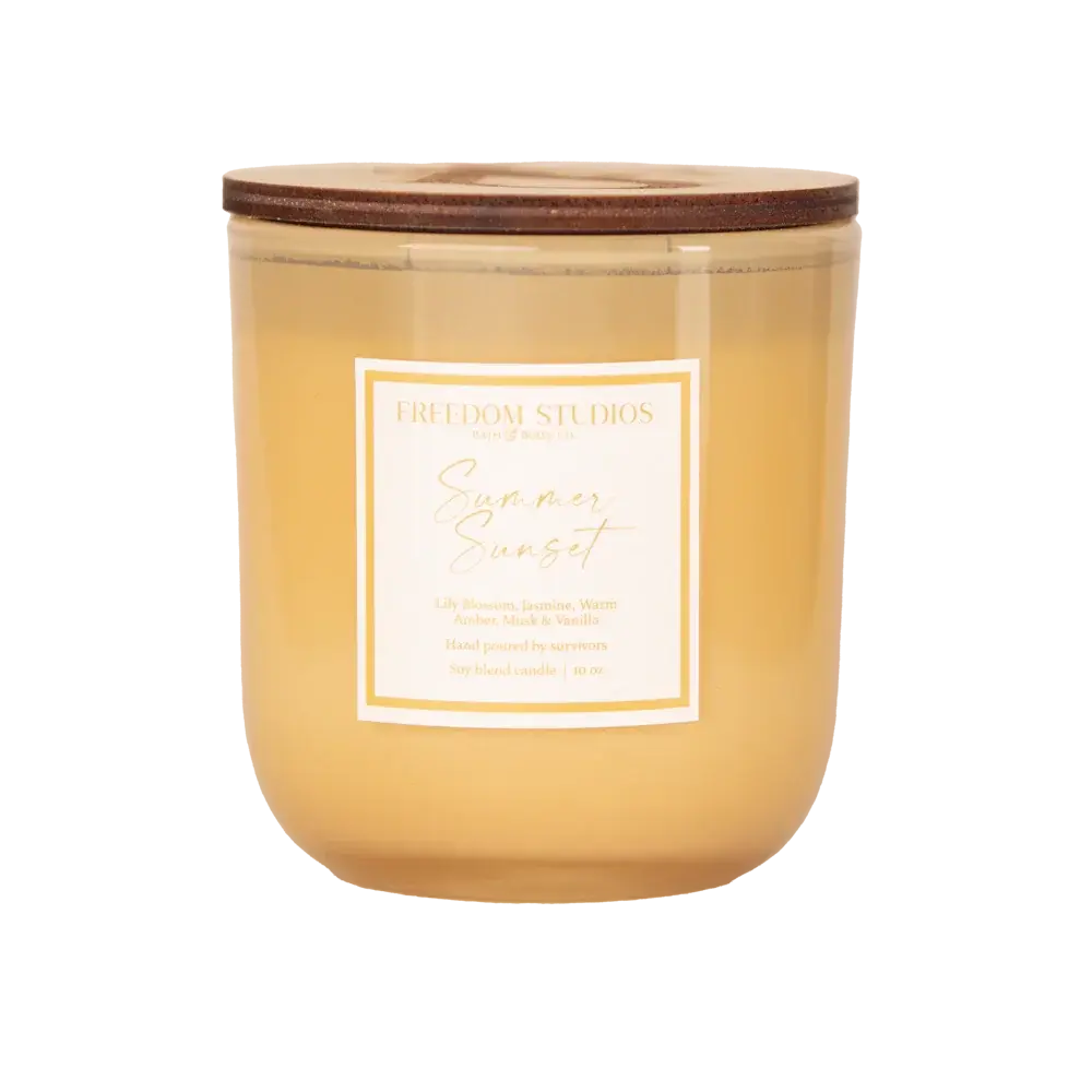 Summer Sunset soy candle in amber glass with wooden lid, farmhouse home decor
