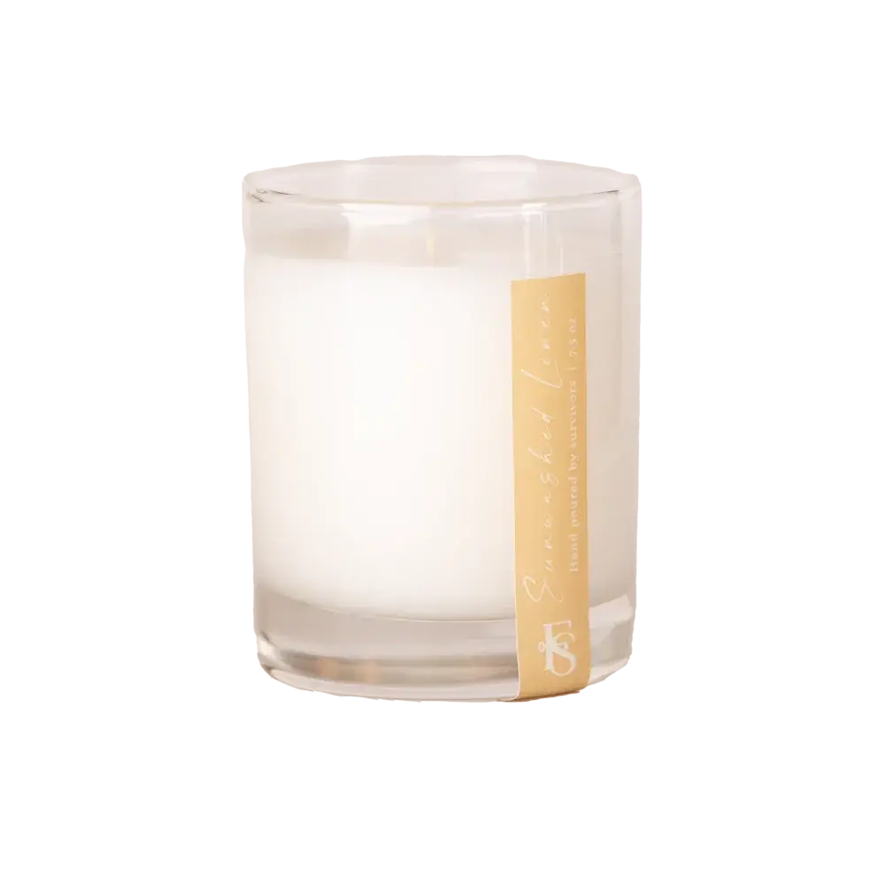 Sunswept Linen scented candle in clear glass jar, hand-poured, cozy home decor essential