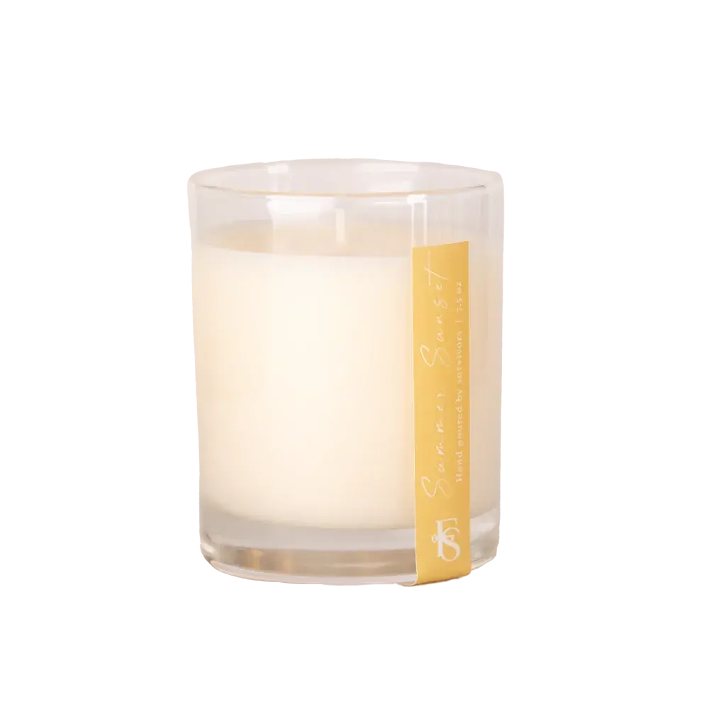 Summer Sunset scented candle in clear glass jar, hand-poured, cozy home decor essential