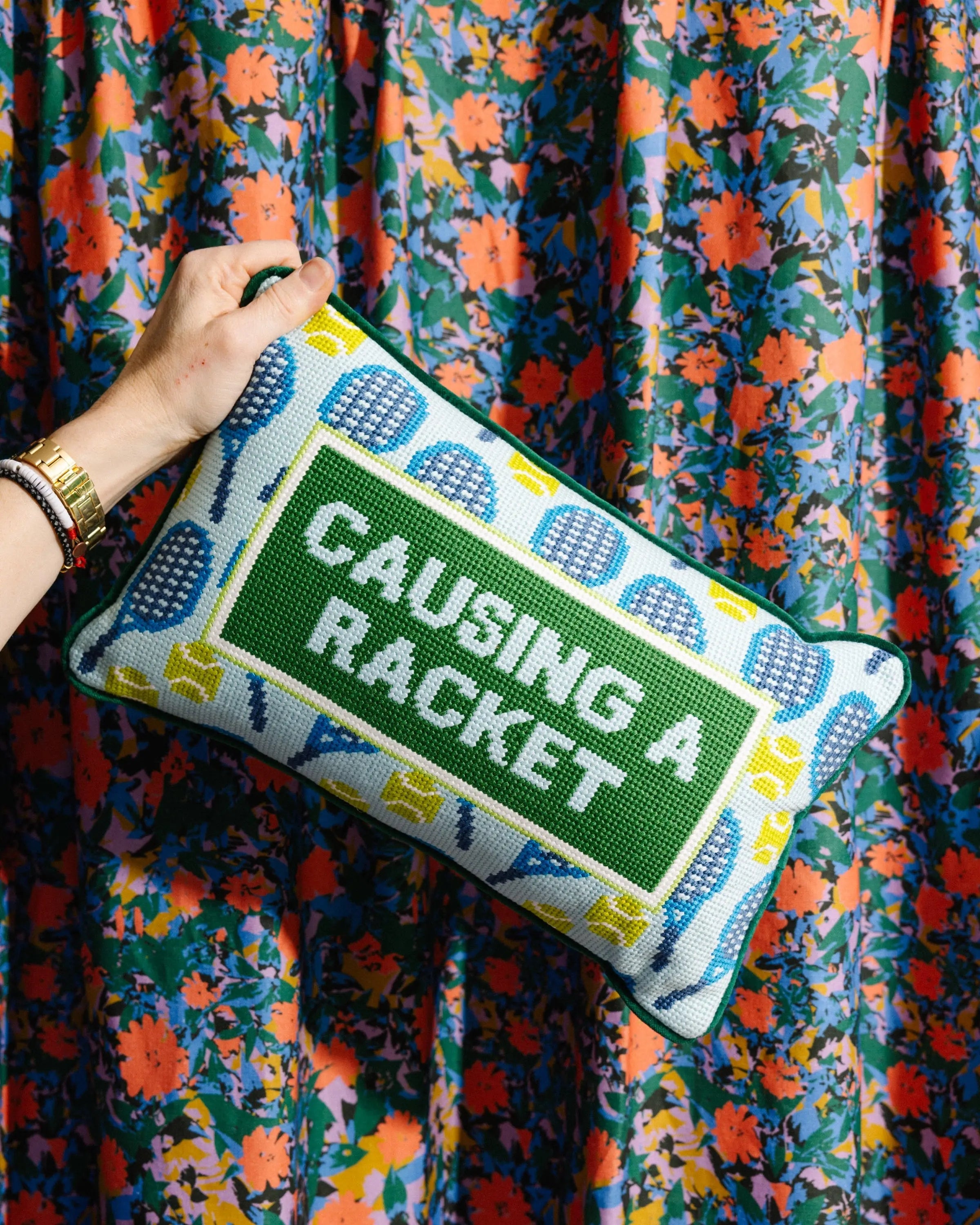 Causing A Racket Needlepoint Pillow Furbish Studio