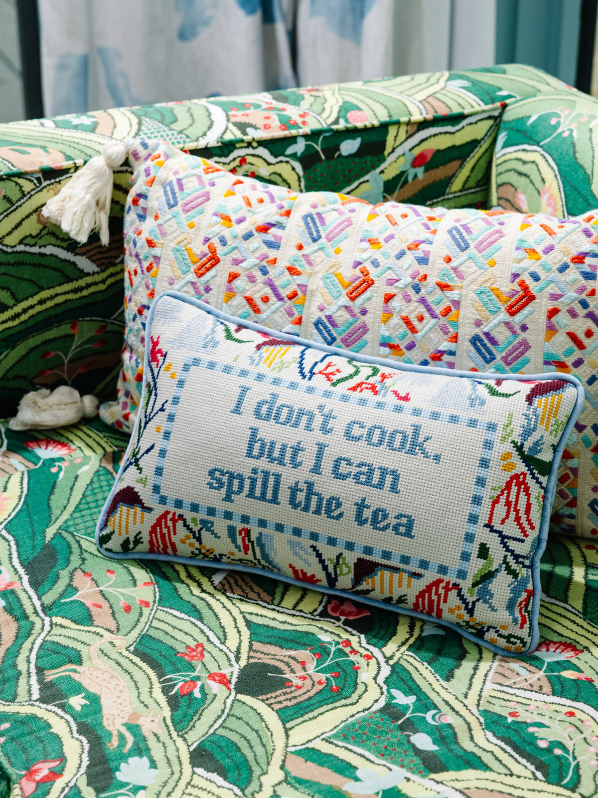 Spill the Tea Needlepoint Pillow