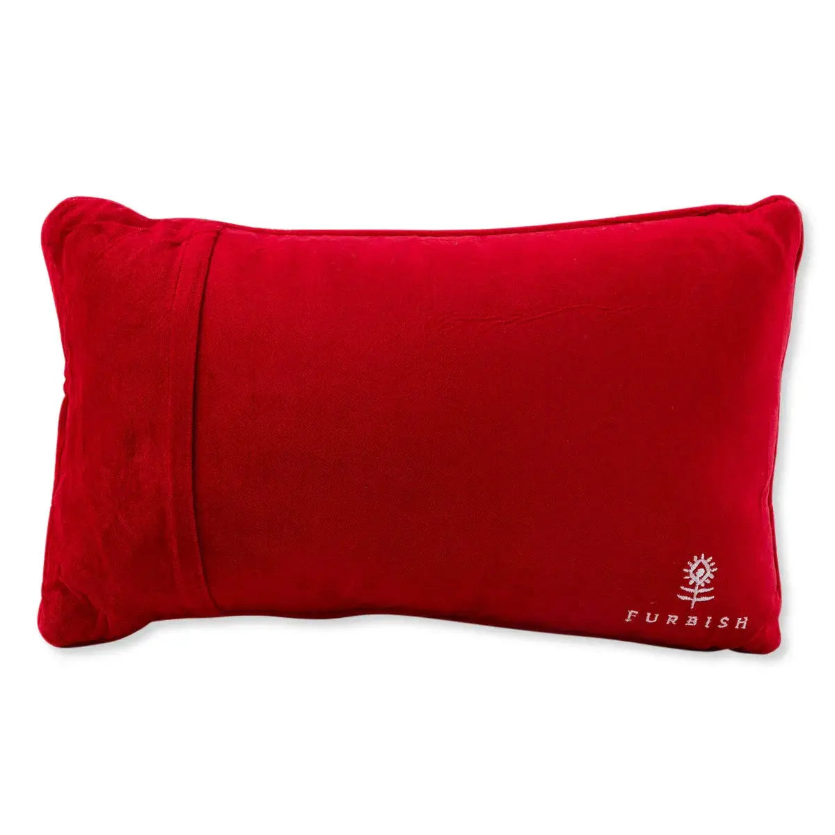 Red velvet lumbar pillow with Furbish logo, cozy farmhouse decor accent