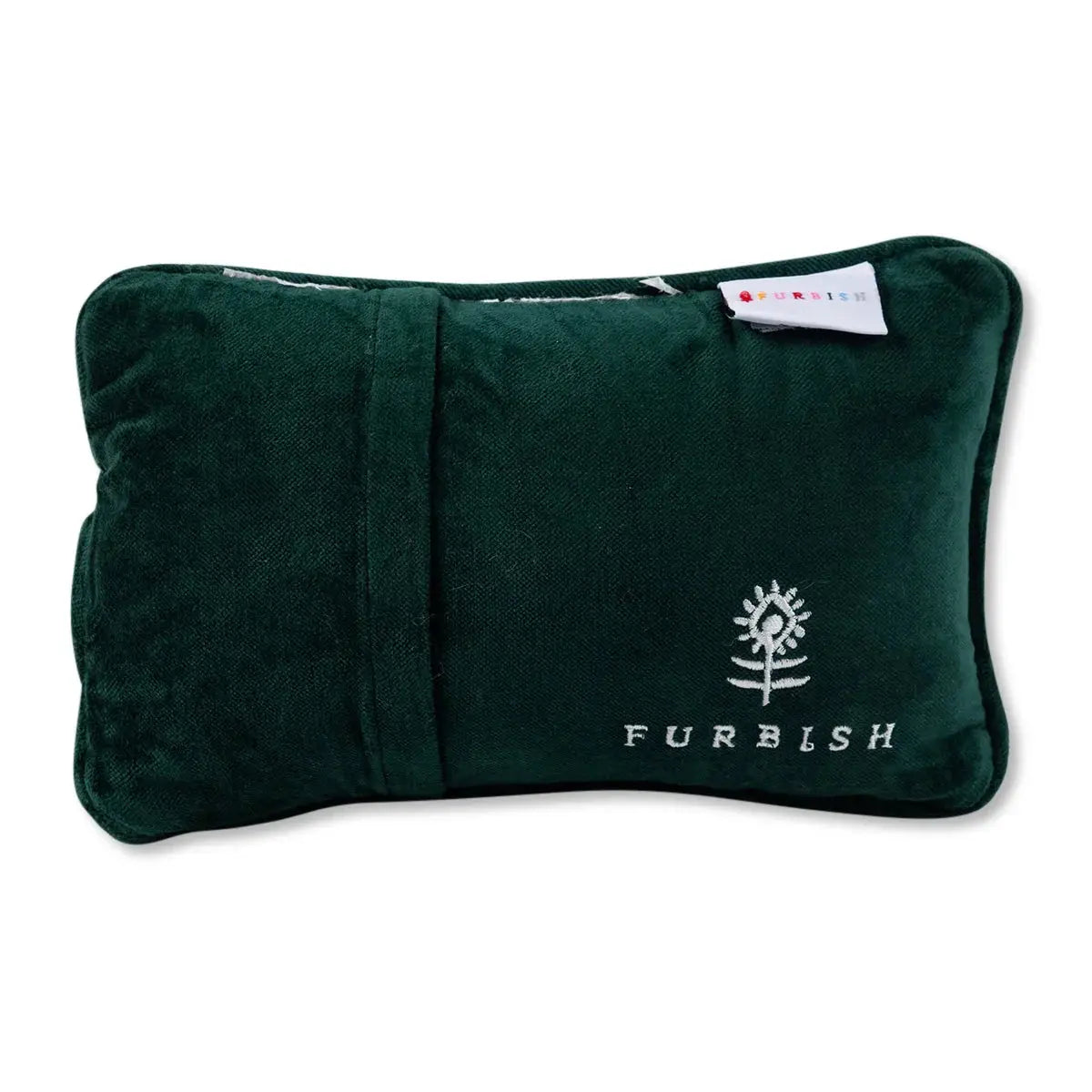 Furbish green velvet eye pillow with embroidered logo, cozy home decor accent