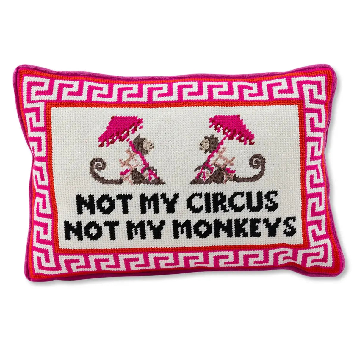 Needlepoint pillow with monkeys and 'Not My Circus Not My Monkeys' quote, pink Greek key border, cozy home decor