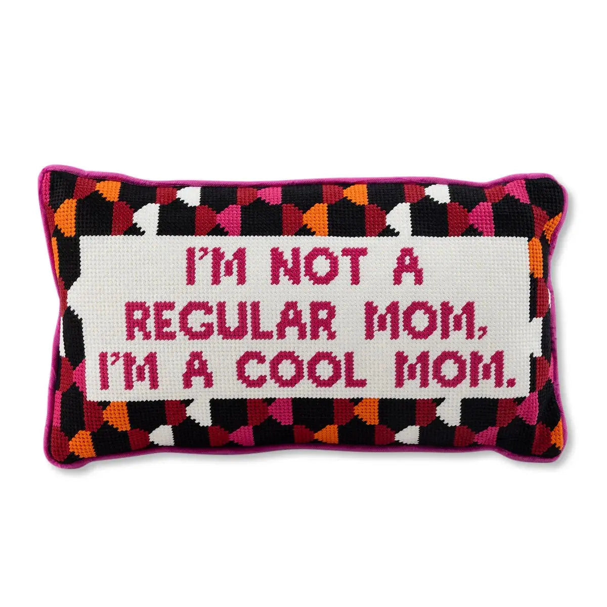 Cozy needlepoint pillow with 'I'm not a regular mom, I'm a cool mom' quote, farmhouse decor accent