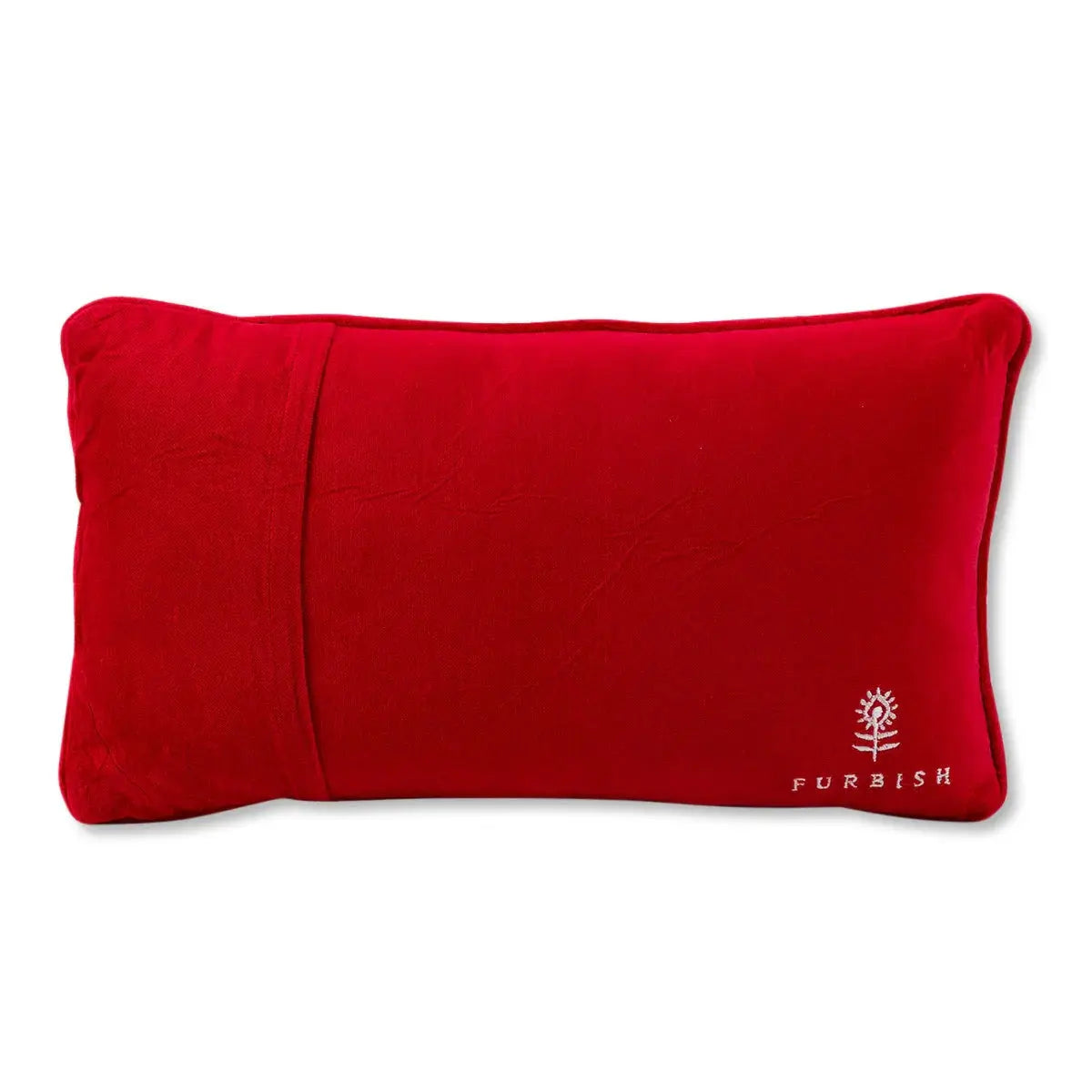 Red pillow with 'Furbish' logo on a white background