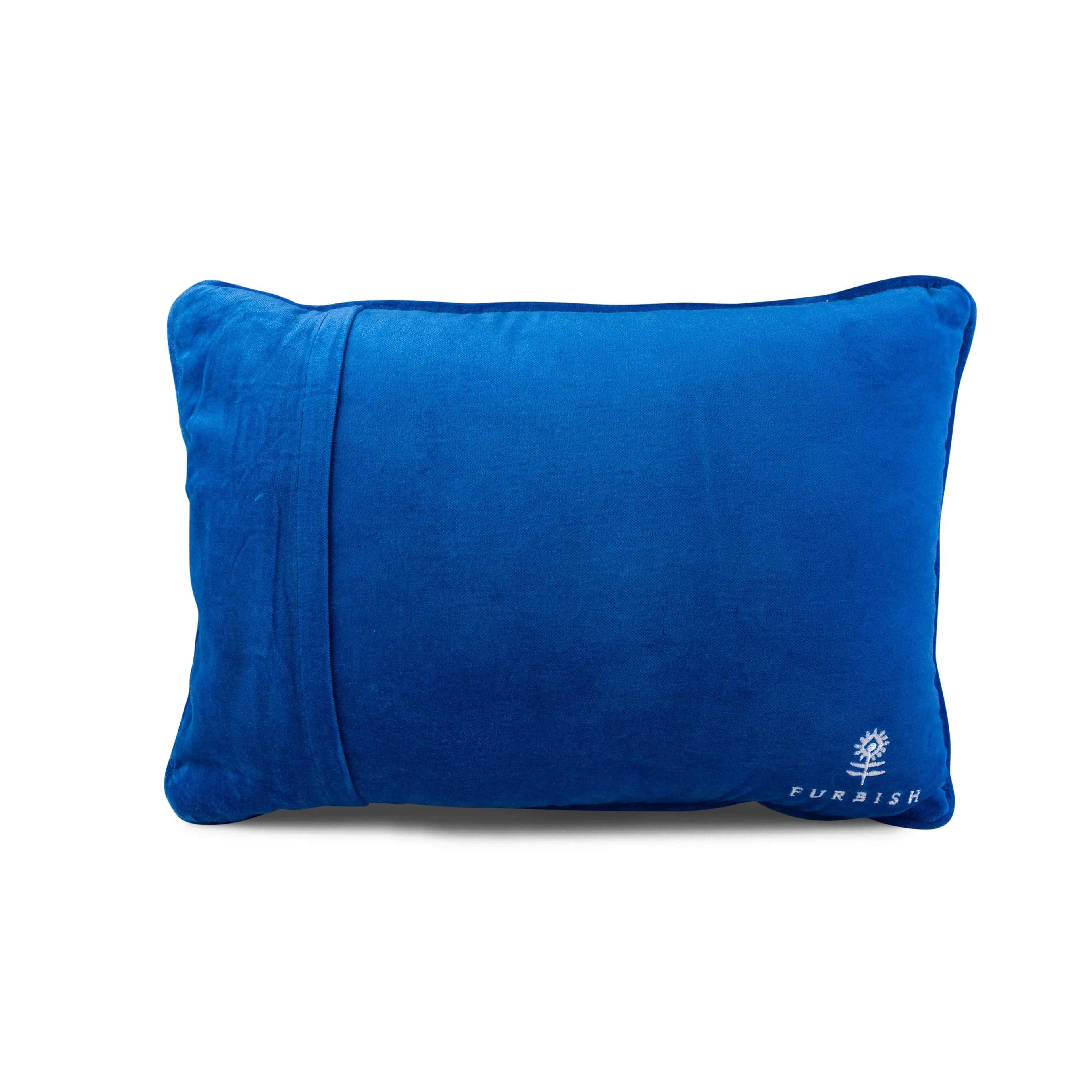 Blue velvet pillow with Furbish logo, cozy farmhouse decor accent