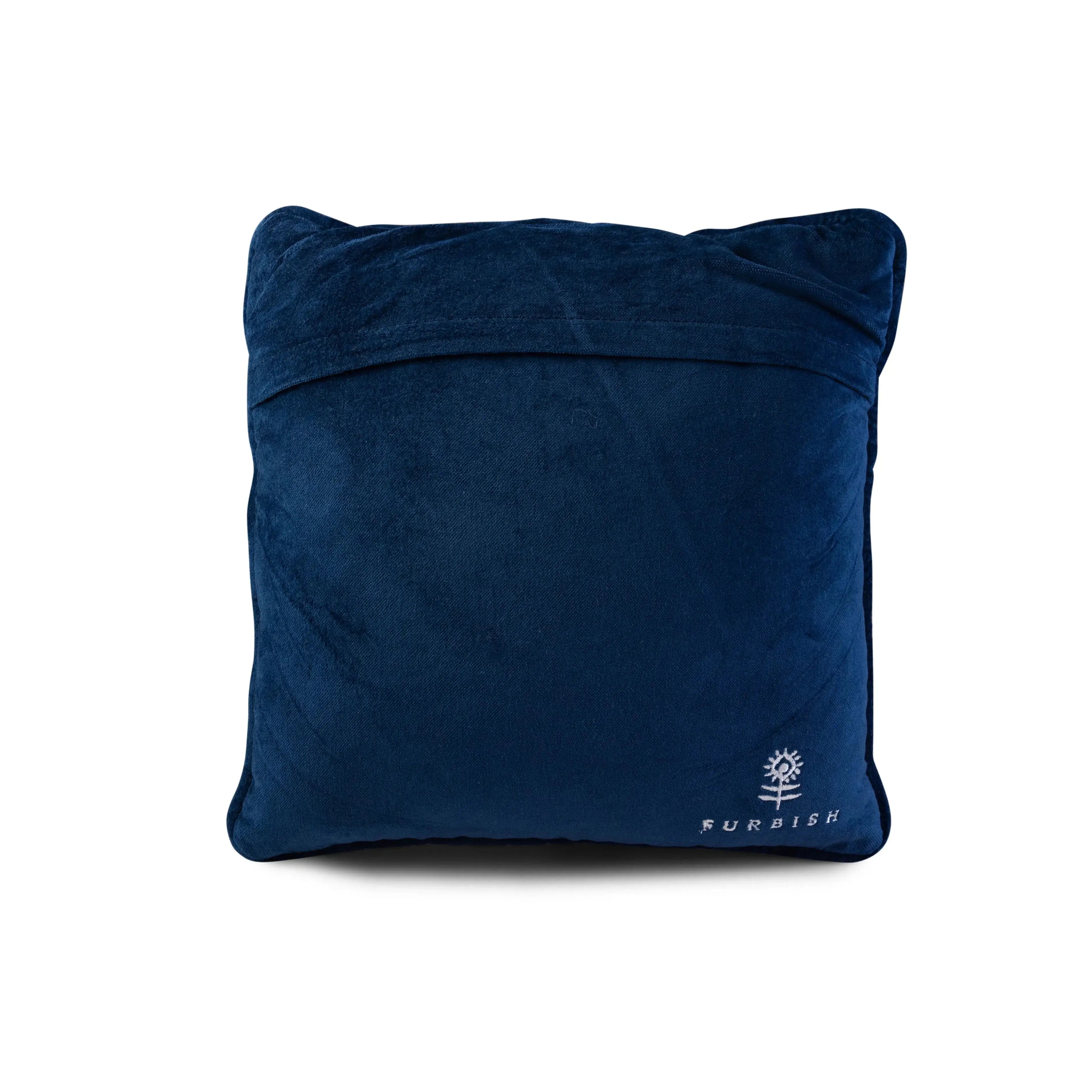 Navy blue velvet throw pillow with Furbish logo, cozy farmhouse decor accent