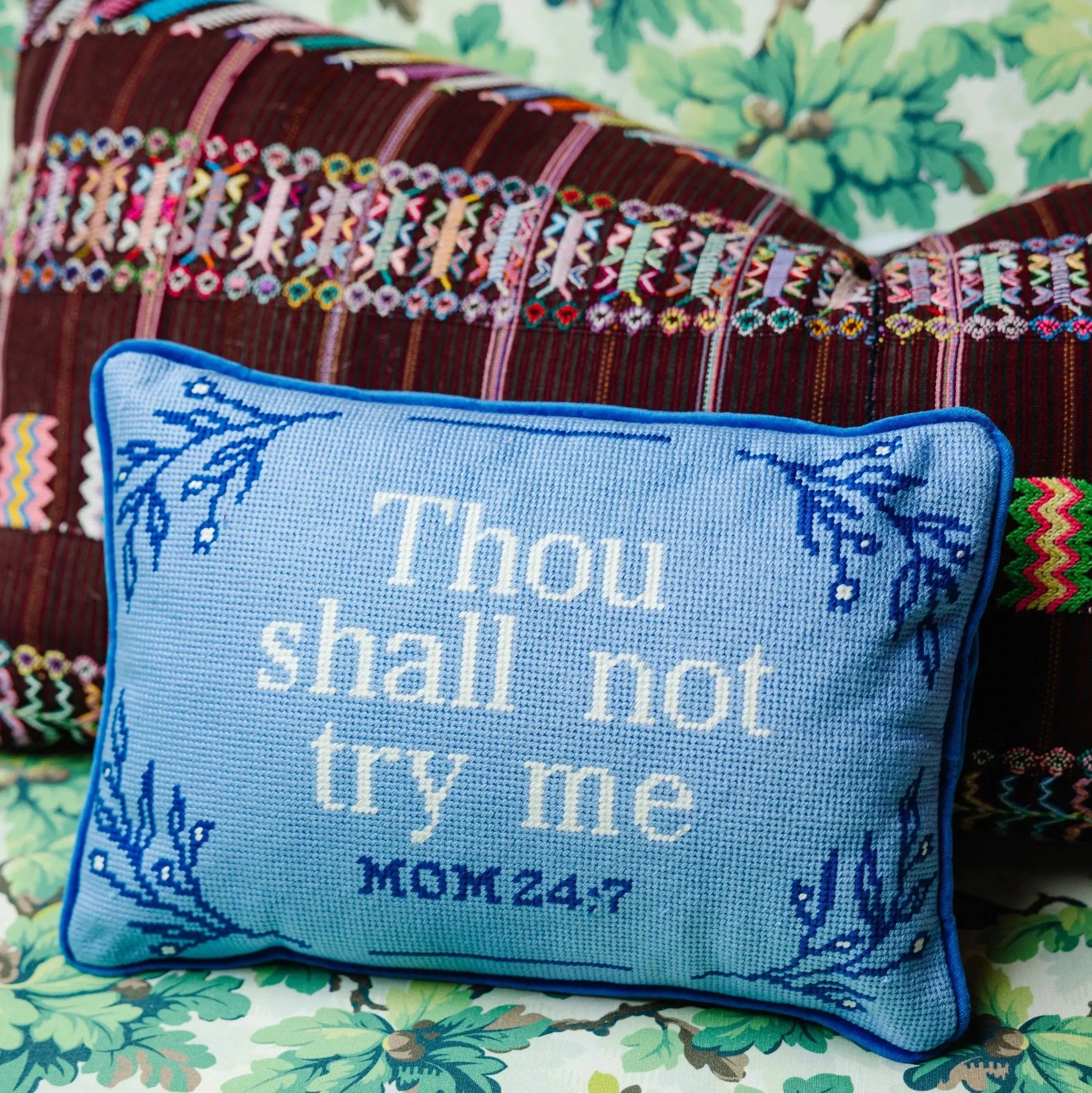 Blue embroidered pillow with 'Thou shall not try me' text, farmhouse decor style