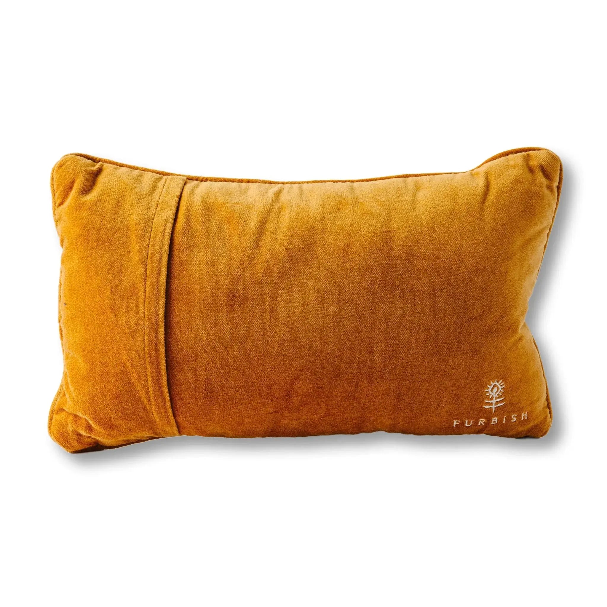 Mustard yellow pillow with 'Furnish' logo on a white background