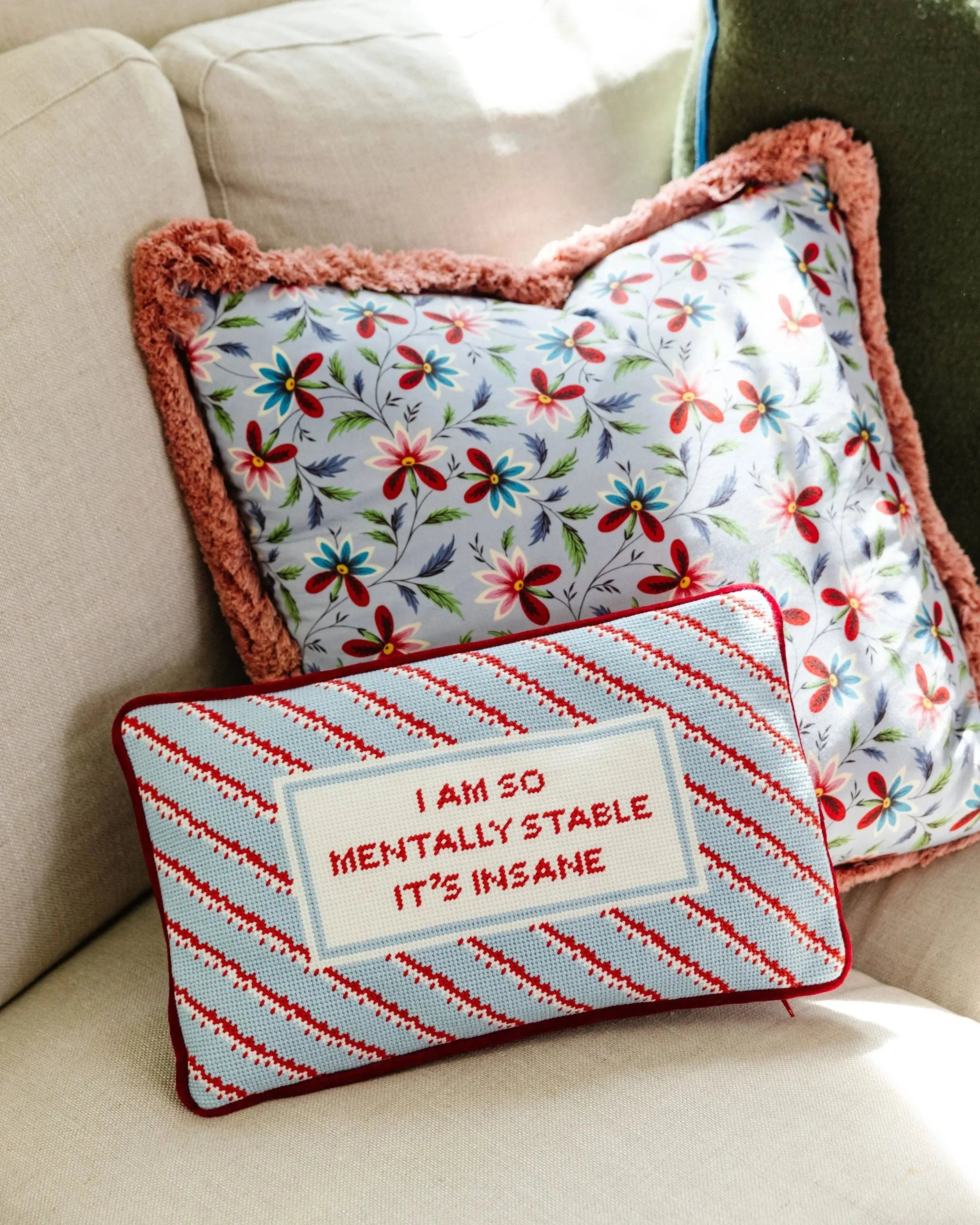 Floral pillow and striped pillow with humorous message on a couch