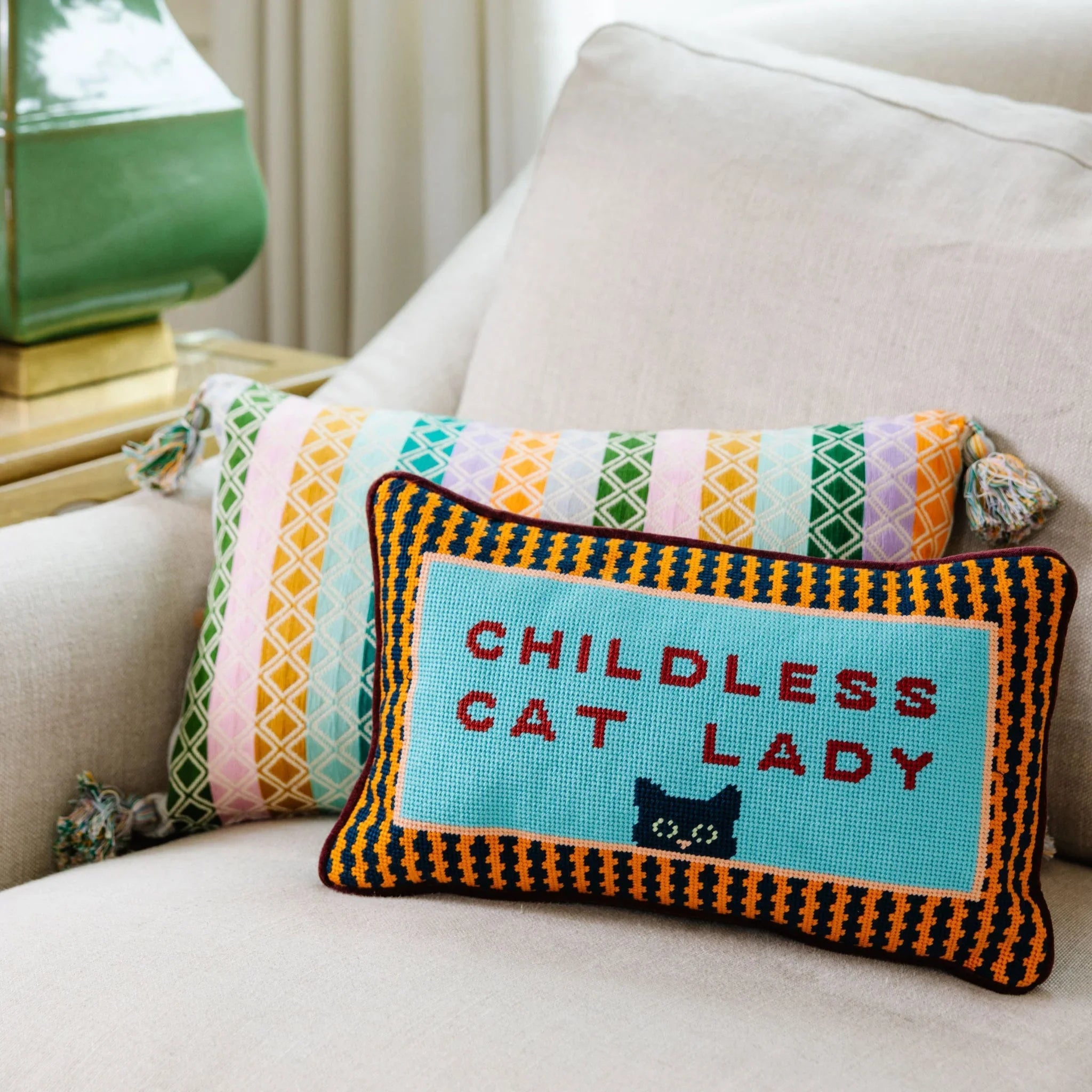Childless Cat Lady Needlepoint Pillow Furbish Studio