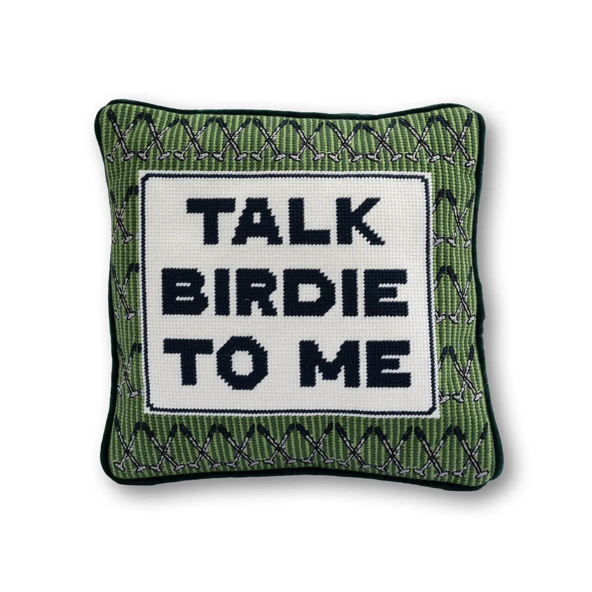 Green needlepoint pillow with 'Talk Birdie to Me' text, golf club pattern, cozy farmhouse decor