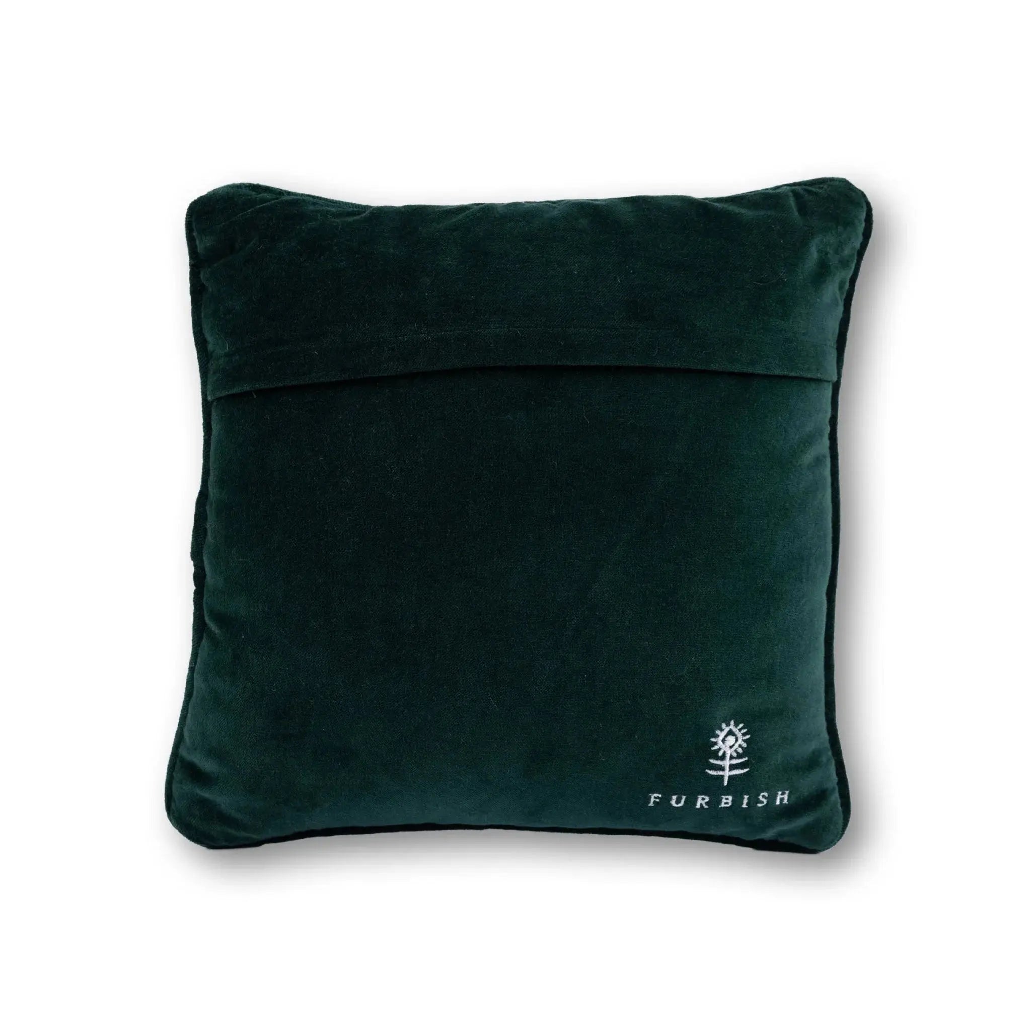 Deep green velvet throw pillow with FURBISH logo, cozy farmhouse decor accent