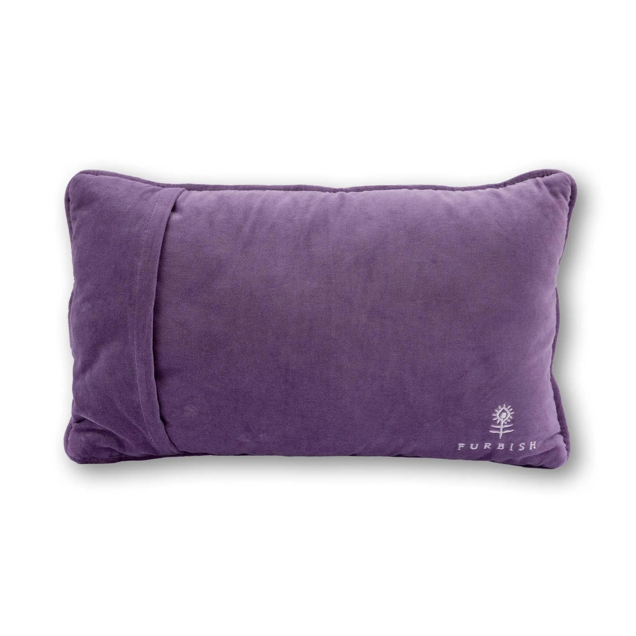 Purple pillow with a brand logo on a white background