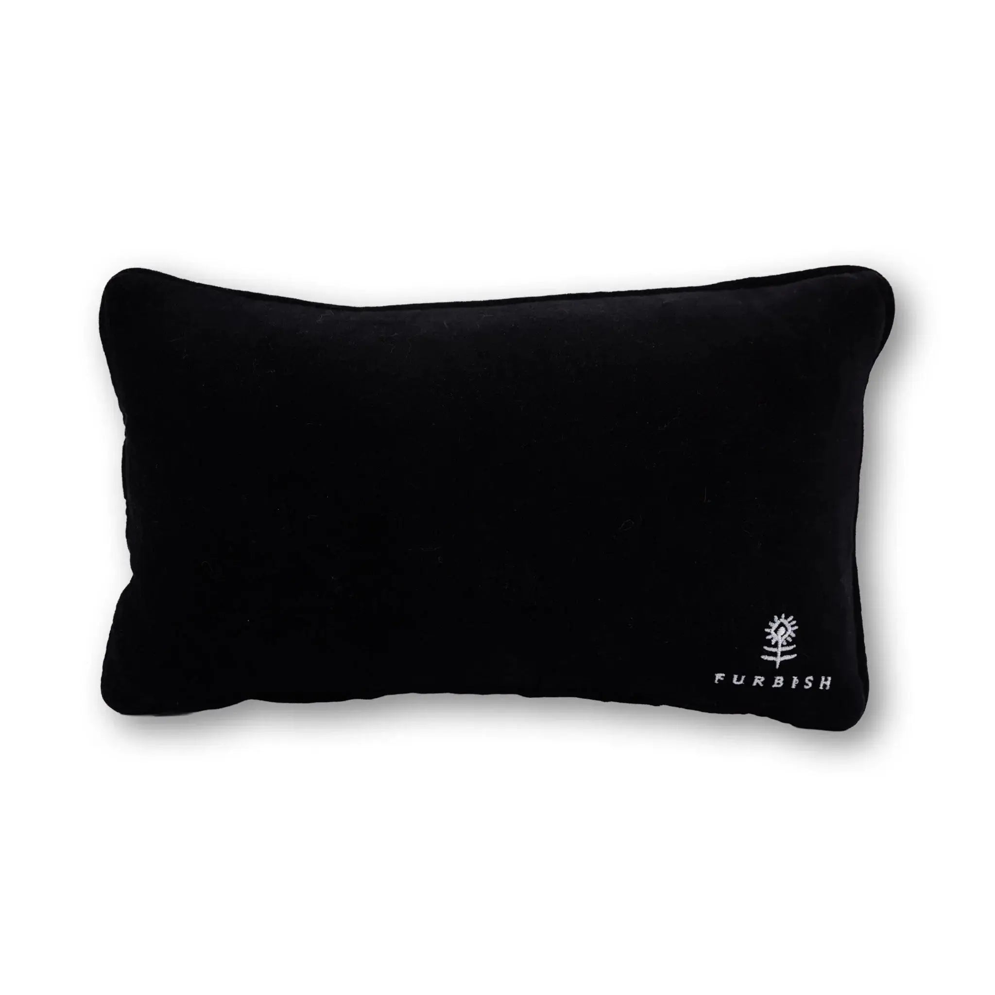 Black pillow with a brand logo on a white background
