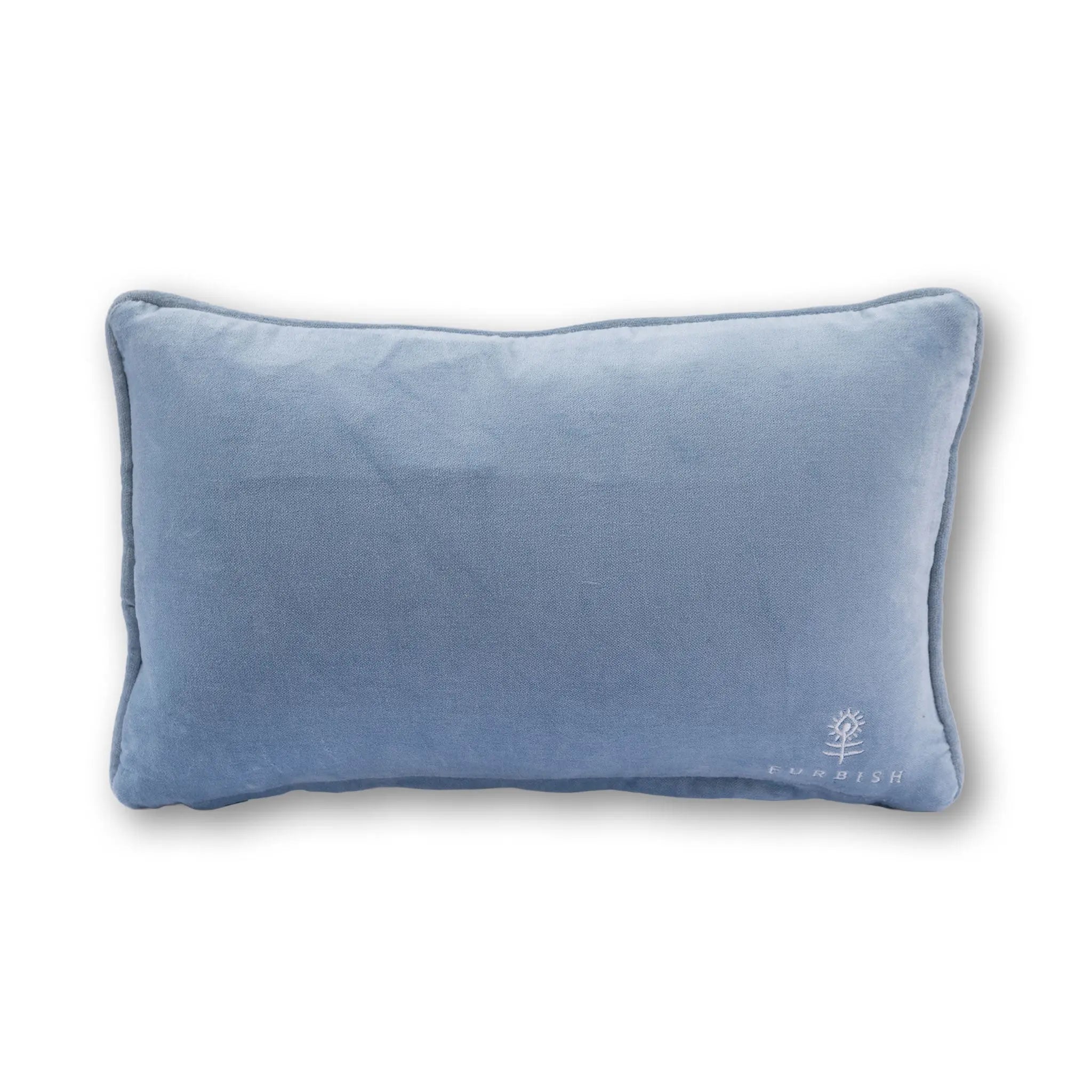 Blue pillow with a brand logo on a white background