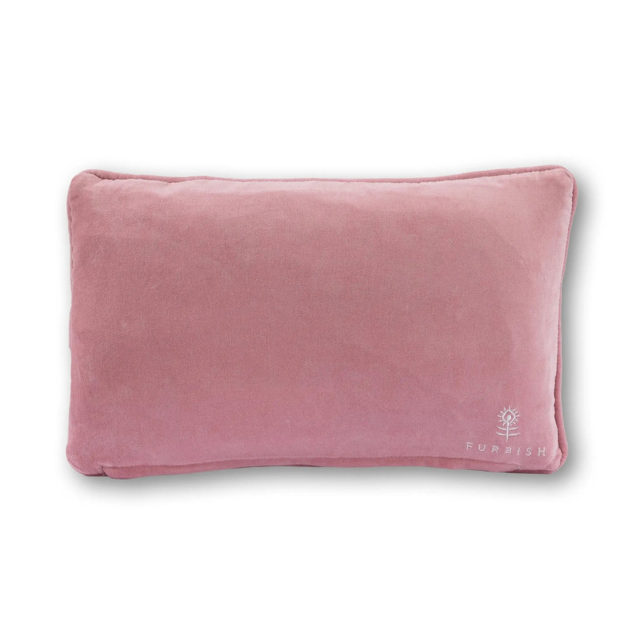 Pink pillow with a brand logo on a white background
