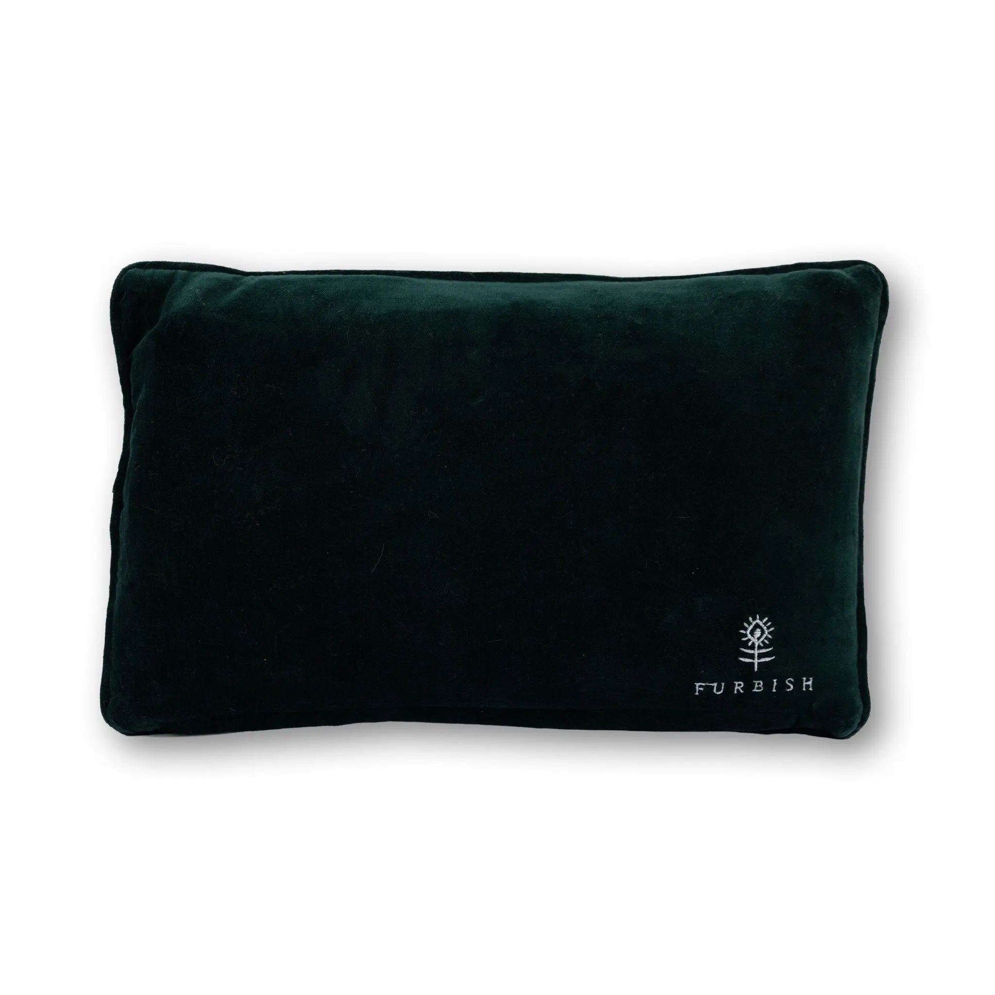 Dark green pillow with 'Furbish' logo on a white background