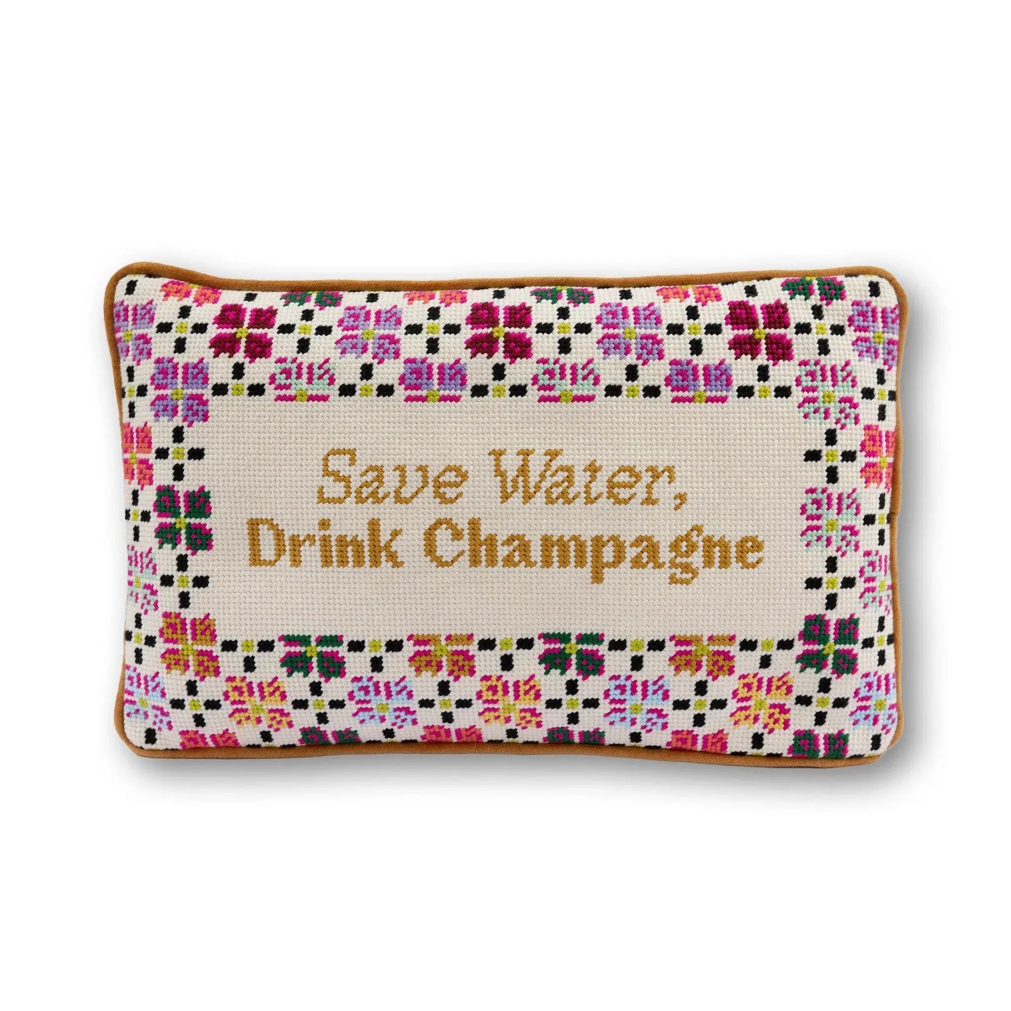 Decorative pillow with colorful pattern and 'Save Water, Drink Champagne' text on a white background