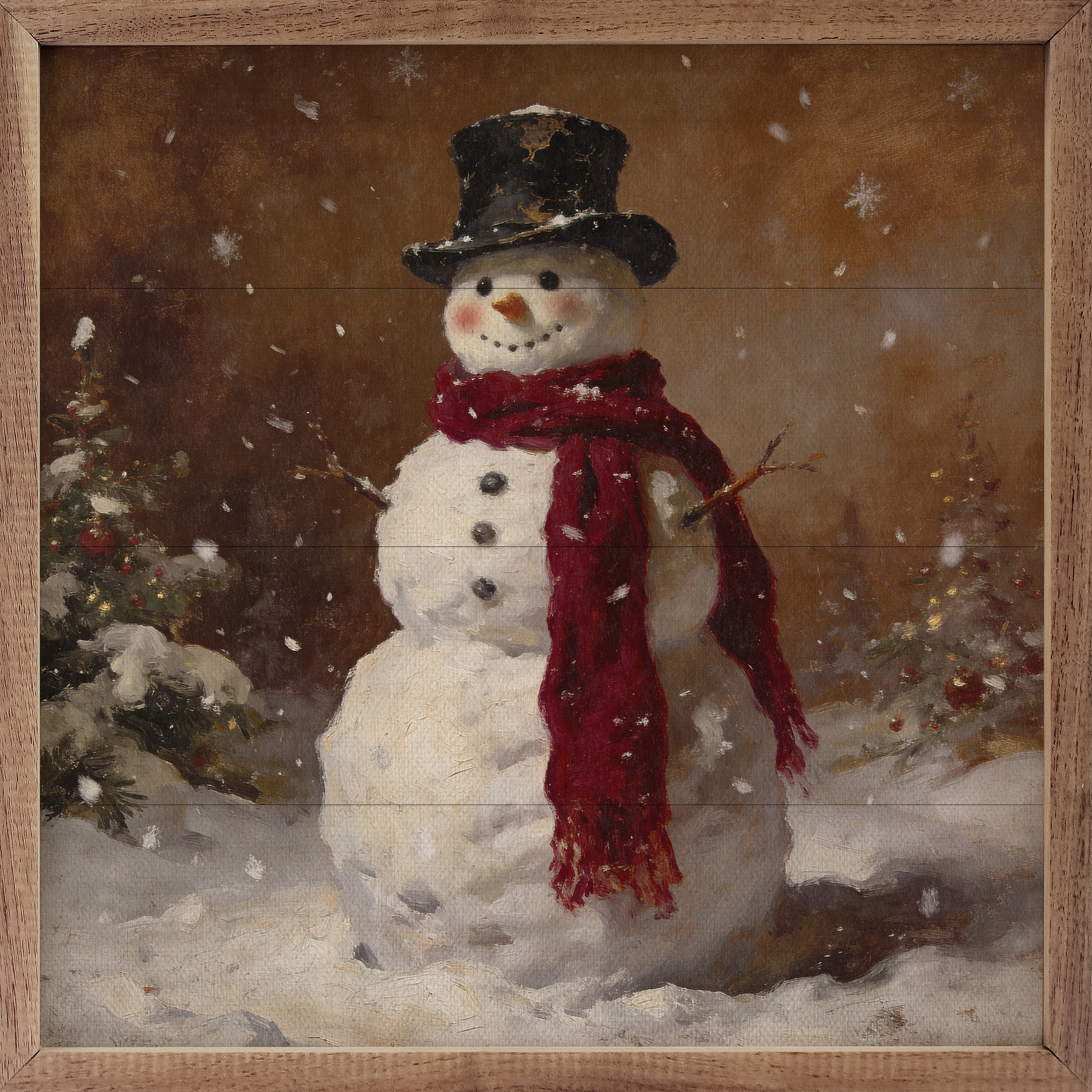 Painting of a snowman with a top hat and scarf in a snowy landscape.
