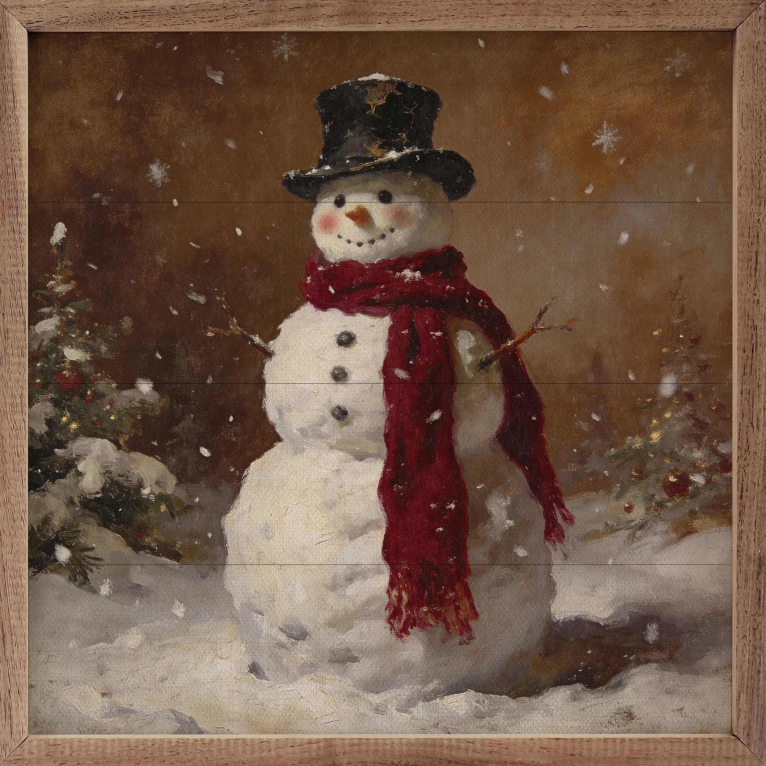 Painting of a snowman with a top hat and scarf in a snowy landscape.