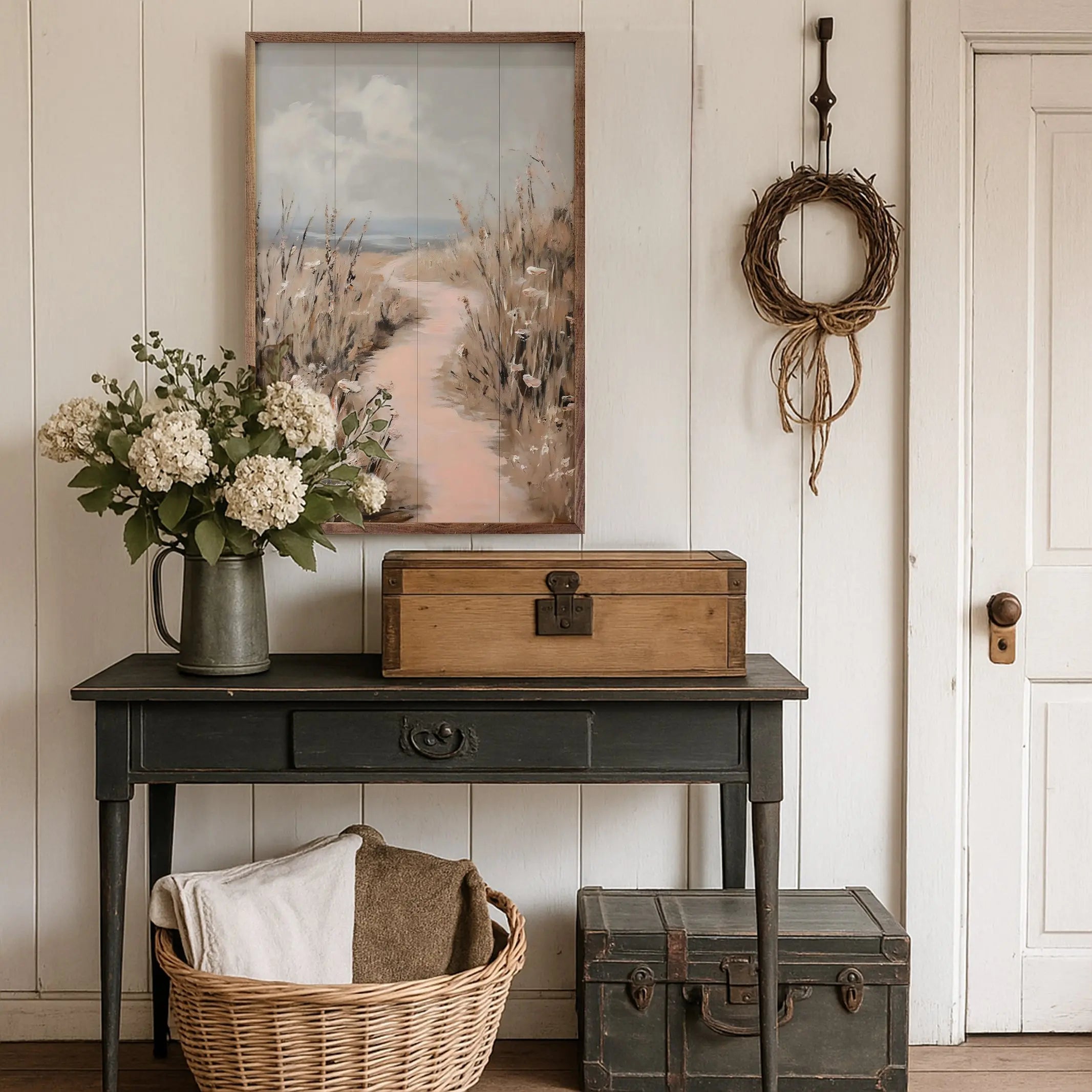 Nostalgic interior with a wooden table, floral arrangement, and decorative items.