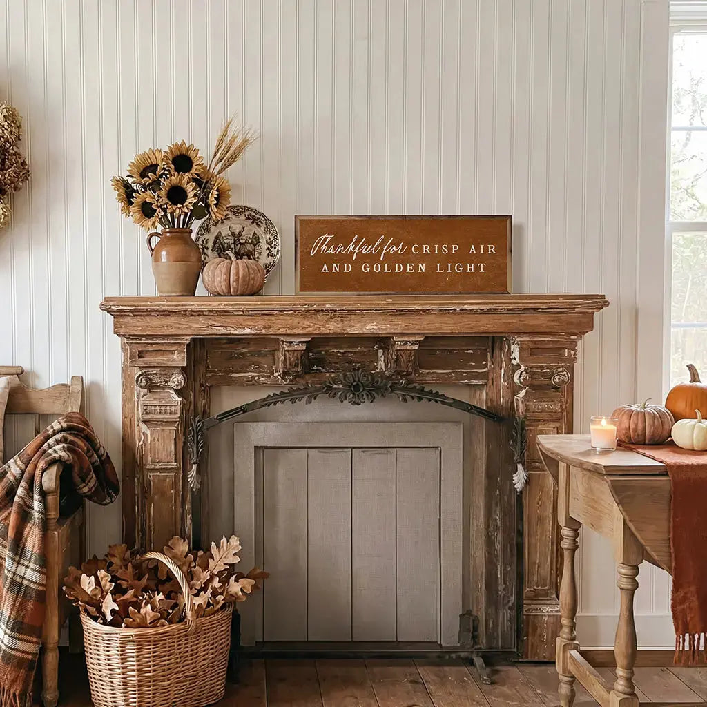 Decorative fireplace mantel with autumn-themed decor including pumpkins, sunflowers, and a sign.