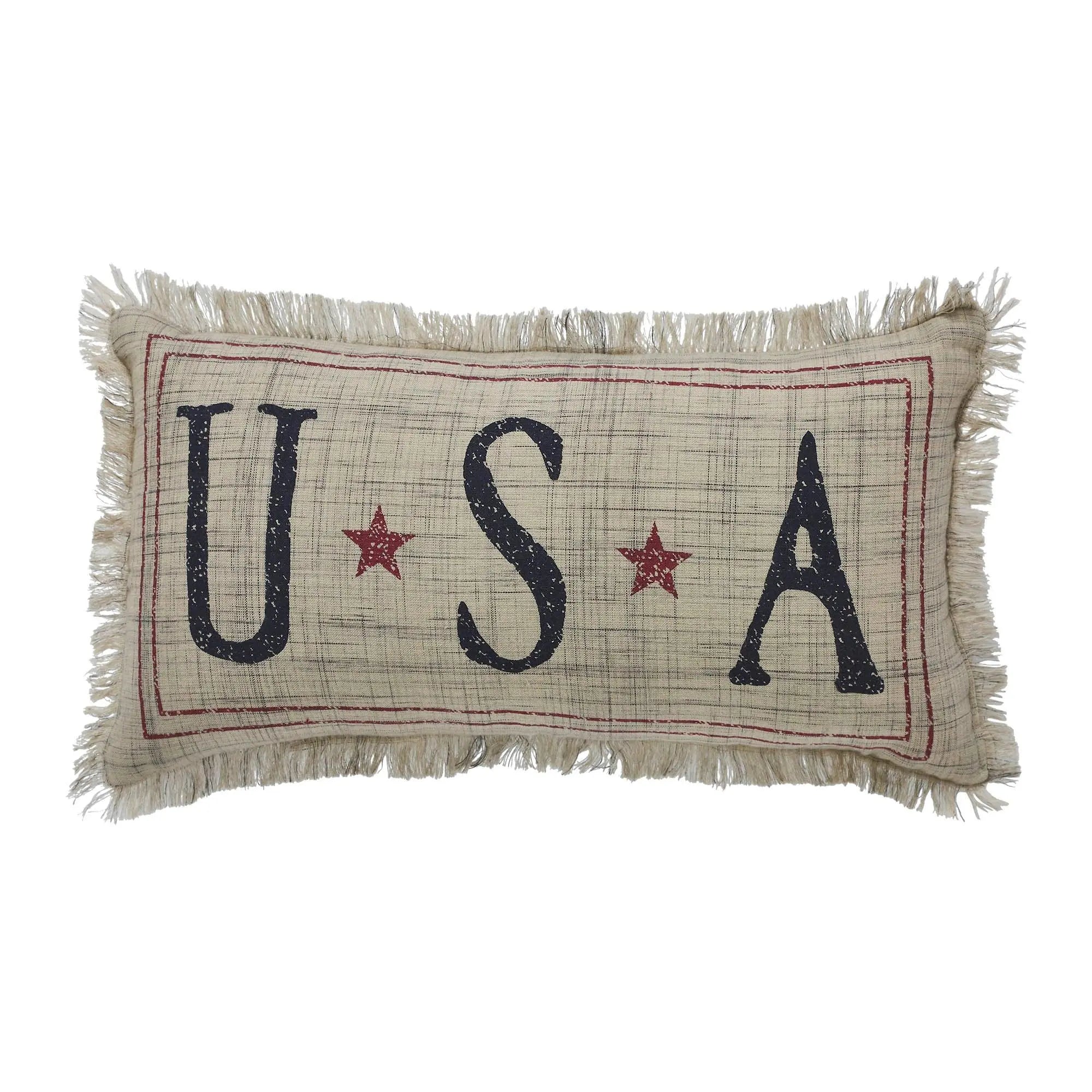 USA decorative pillow with stars, farmhouse style, fringed edges, cozy home decor