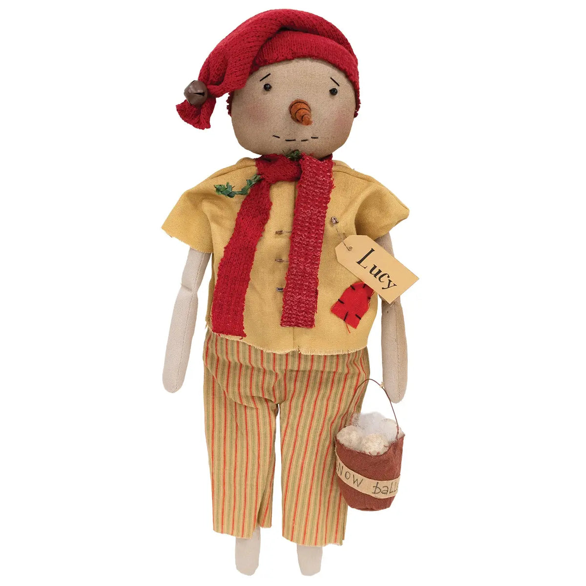 A handmade Christmas snowman doll named 'Lucy' wearing a red knit hat and scarf, a yellow shirt, and striped pants, holding a small basket of white stuffing against a white background.