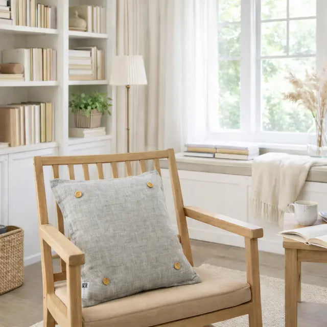 A light gray linen throw pillow with four small wooden buttons, resting on a light wood armchair in a bright, modern living room setting.