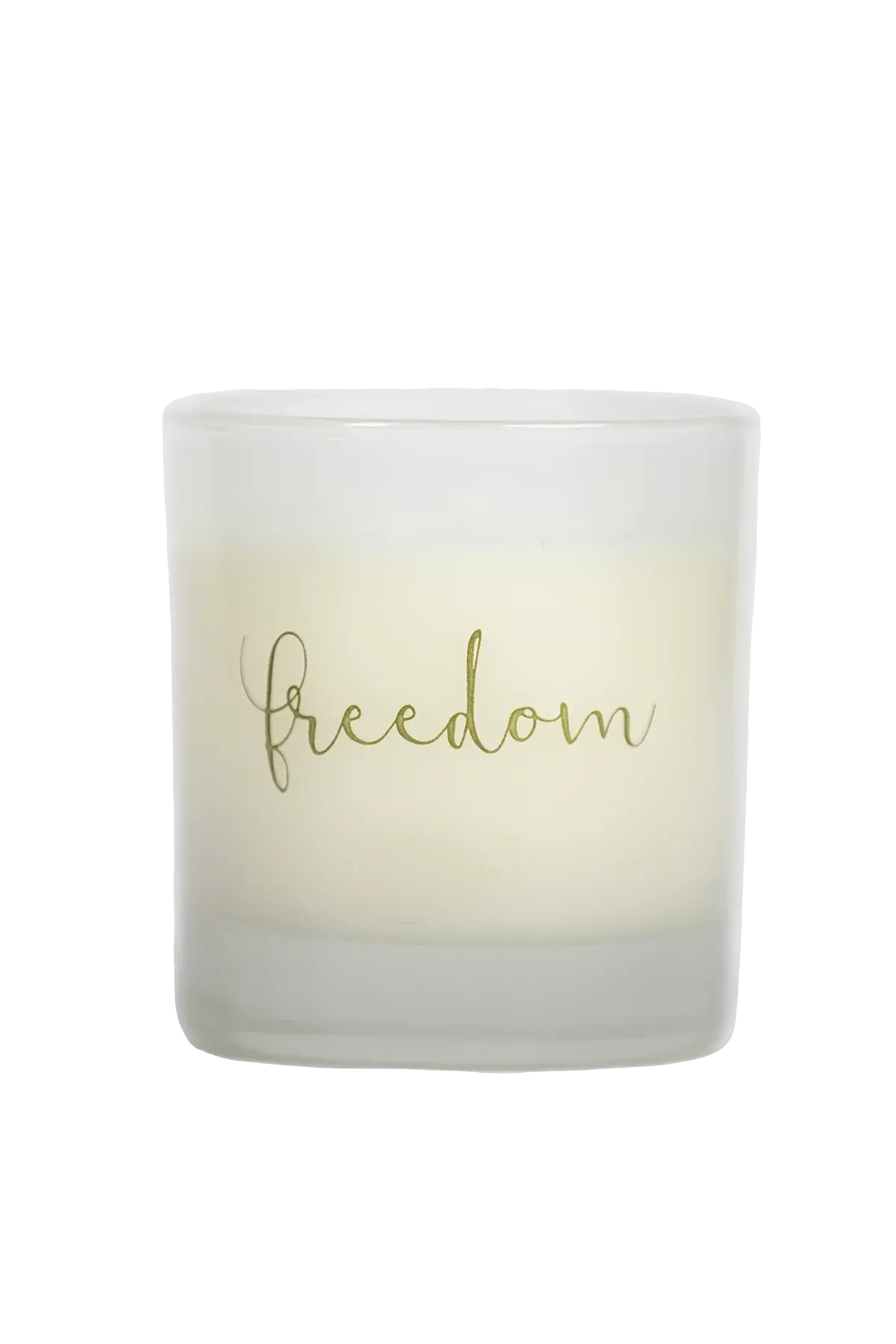 Frosted glass candle with gold 'freedom' script, cozy farmhouse home decor