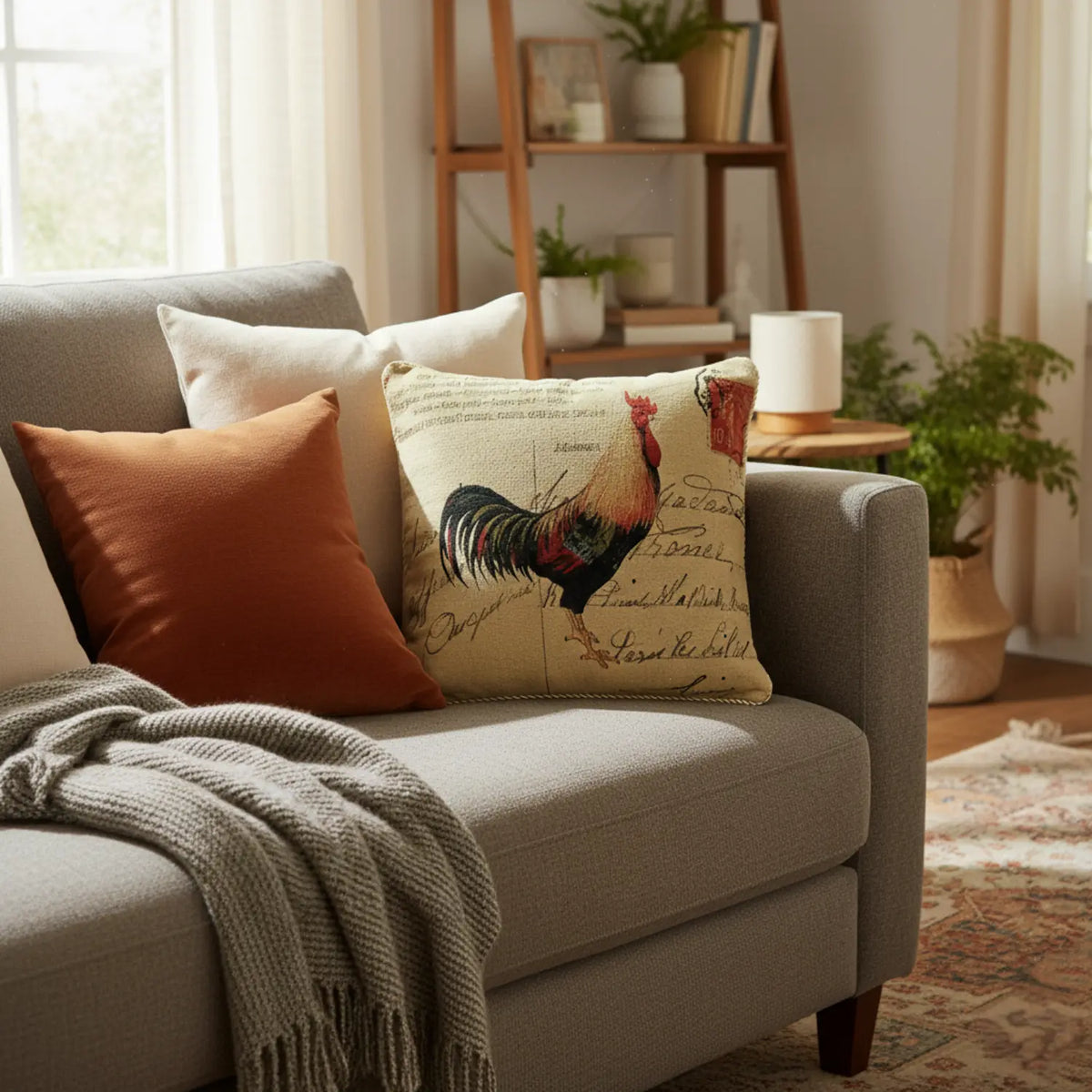 Gray sofa with decorative pillows and a blanket in a cozy living room.