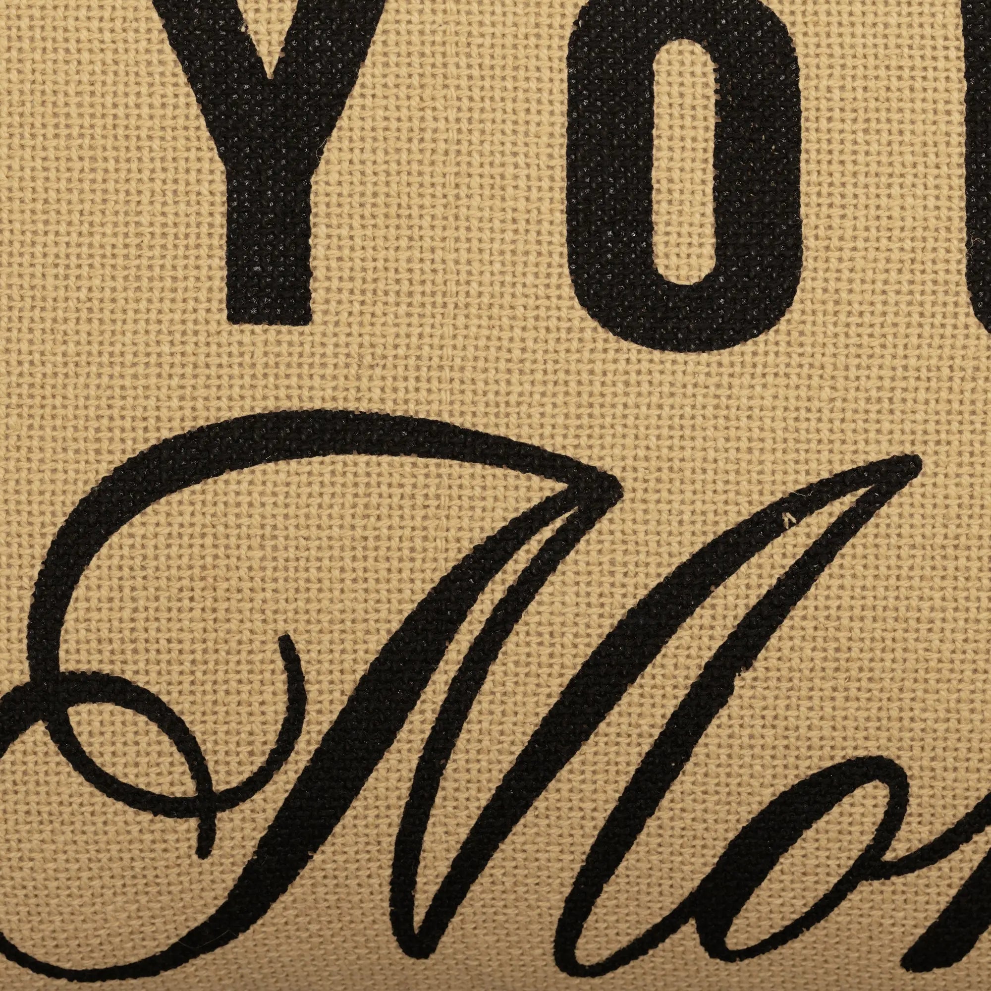 Burlap pillow with black 'You & Me' script, farmhouse decor accent