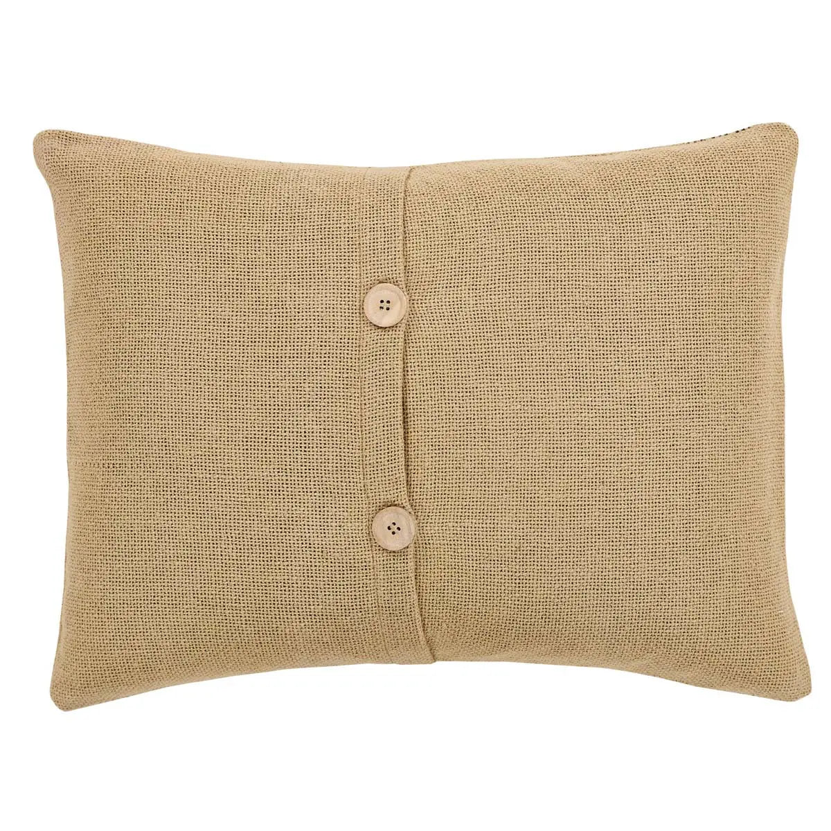 Rustic burlap throw pillow with wooden buttons, perfect for farmhouse or cottage style decor