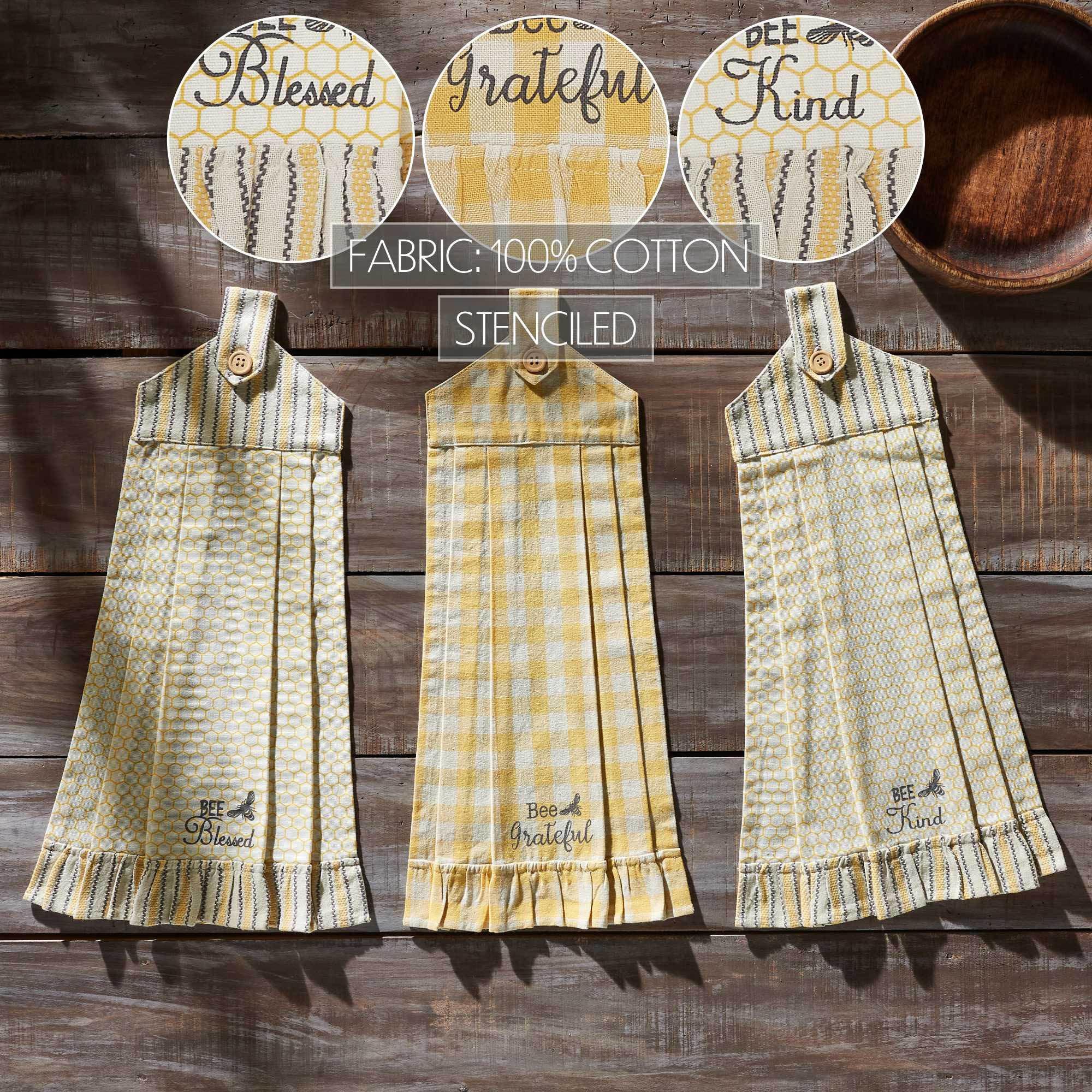 Bee Blessed, Grateful, Kind stenciled cotton kitchen towels with honeycomb and gingham patterns, farmhouse decor