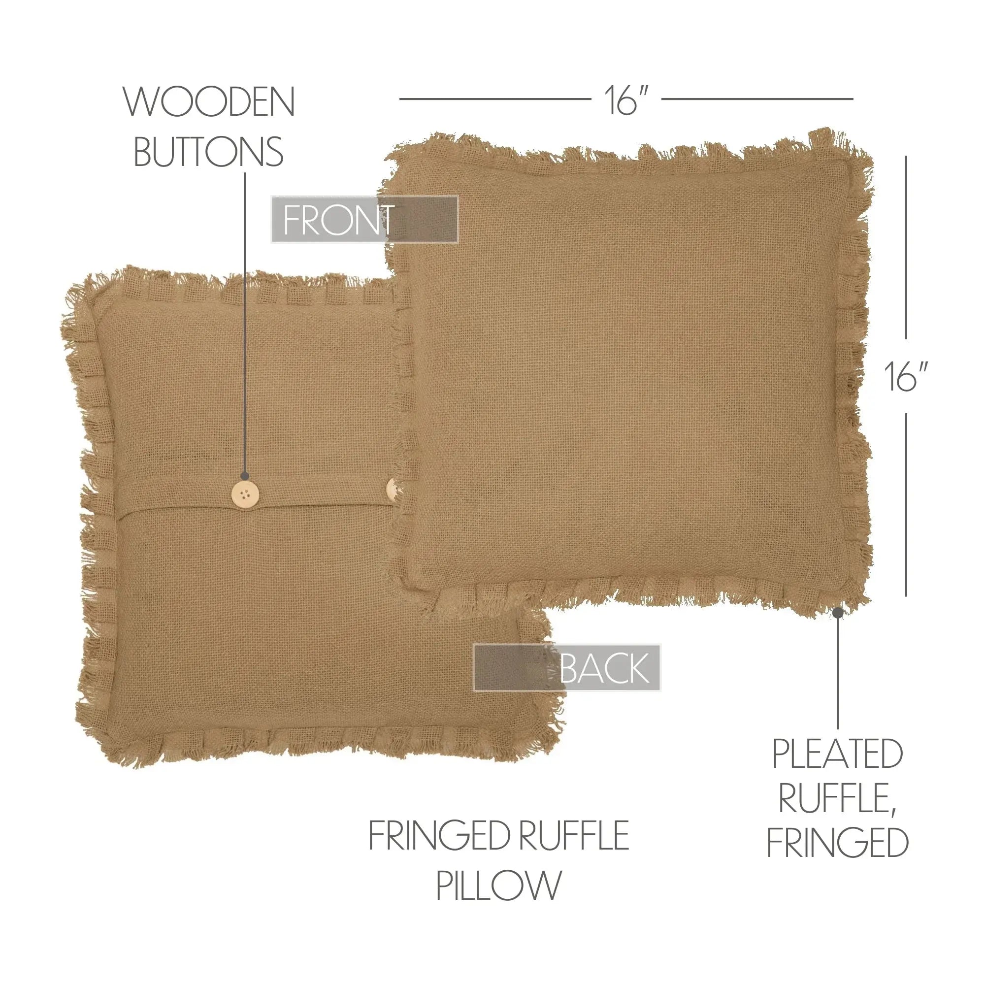 16-inch burlap pillow with fringed ruffle edges and wooden buttons, farmhouse decor