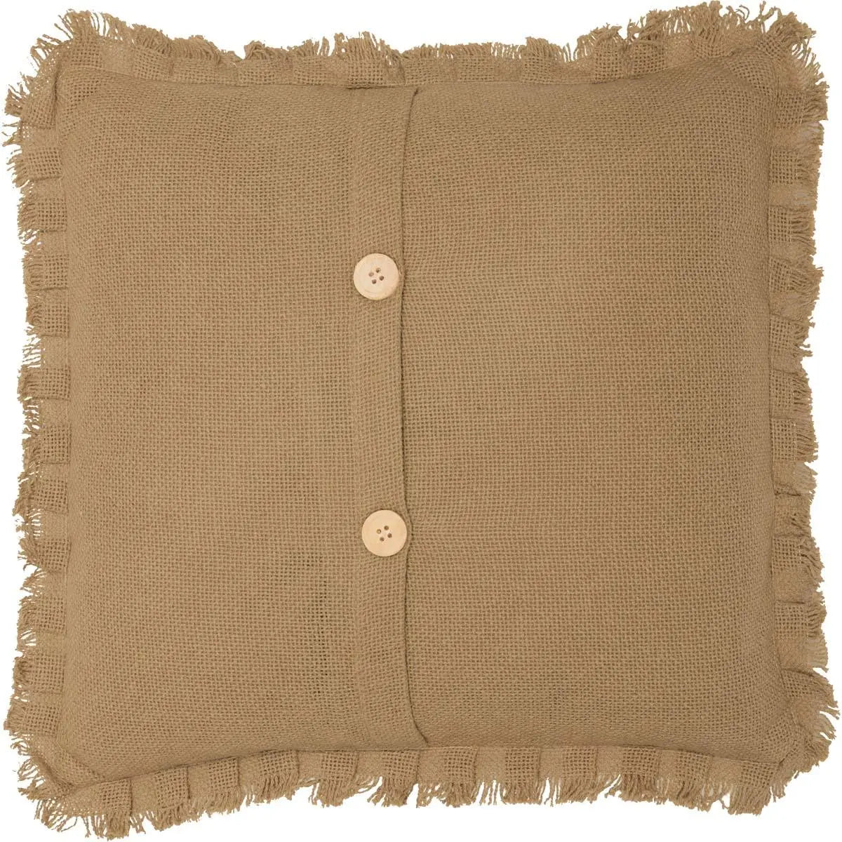 Rustic burlap pillow with frayed edges and wooden buttons, farmhouse decor accent